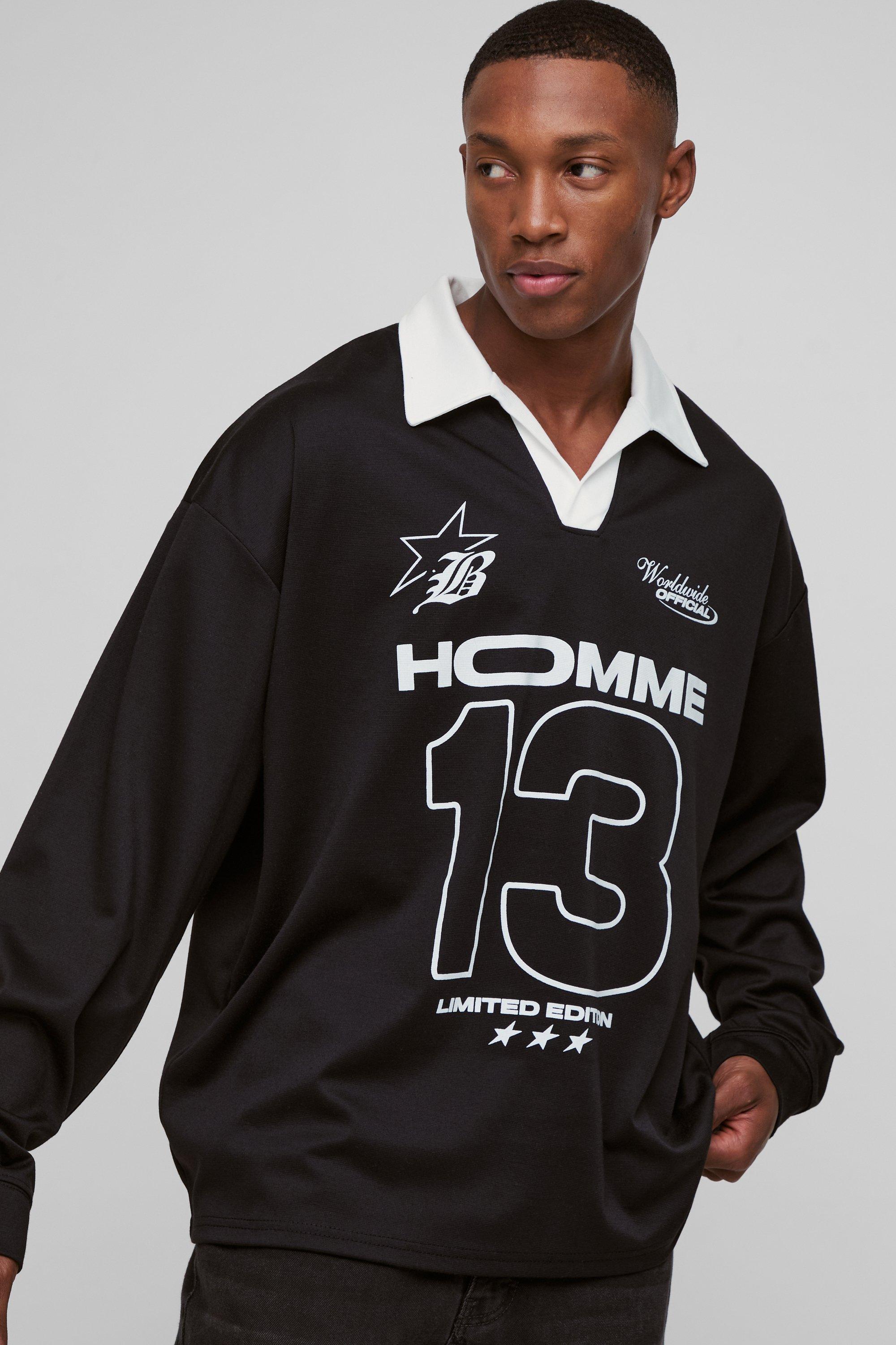 Mens Black Oversized Moto Graphic Long Sleeve Rugby Polo, Black