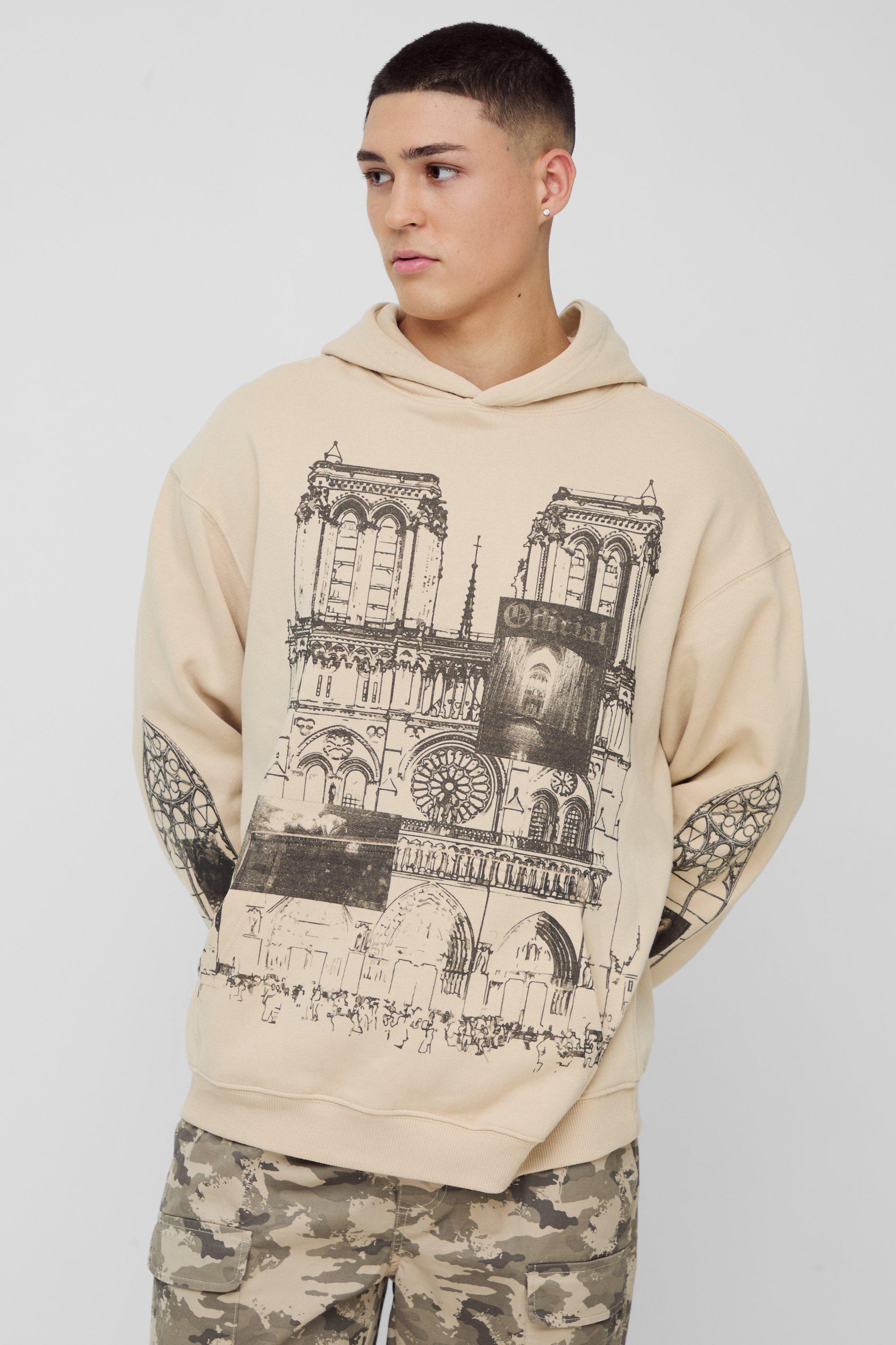 Felpa oversize con grafica di paesaggio disegnato a linee e cappuccio, Beige