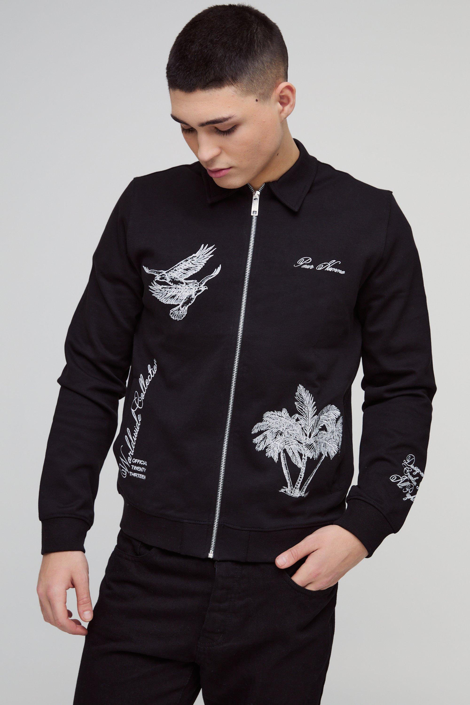 Mens Black Regular Fit Smart Harrington Super Heavyweight Embroidered Bomber Jacket, Black