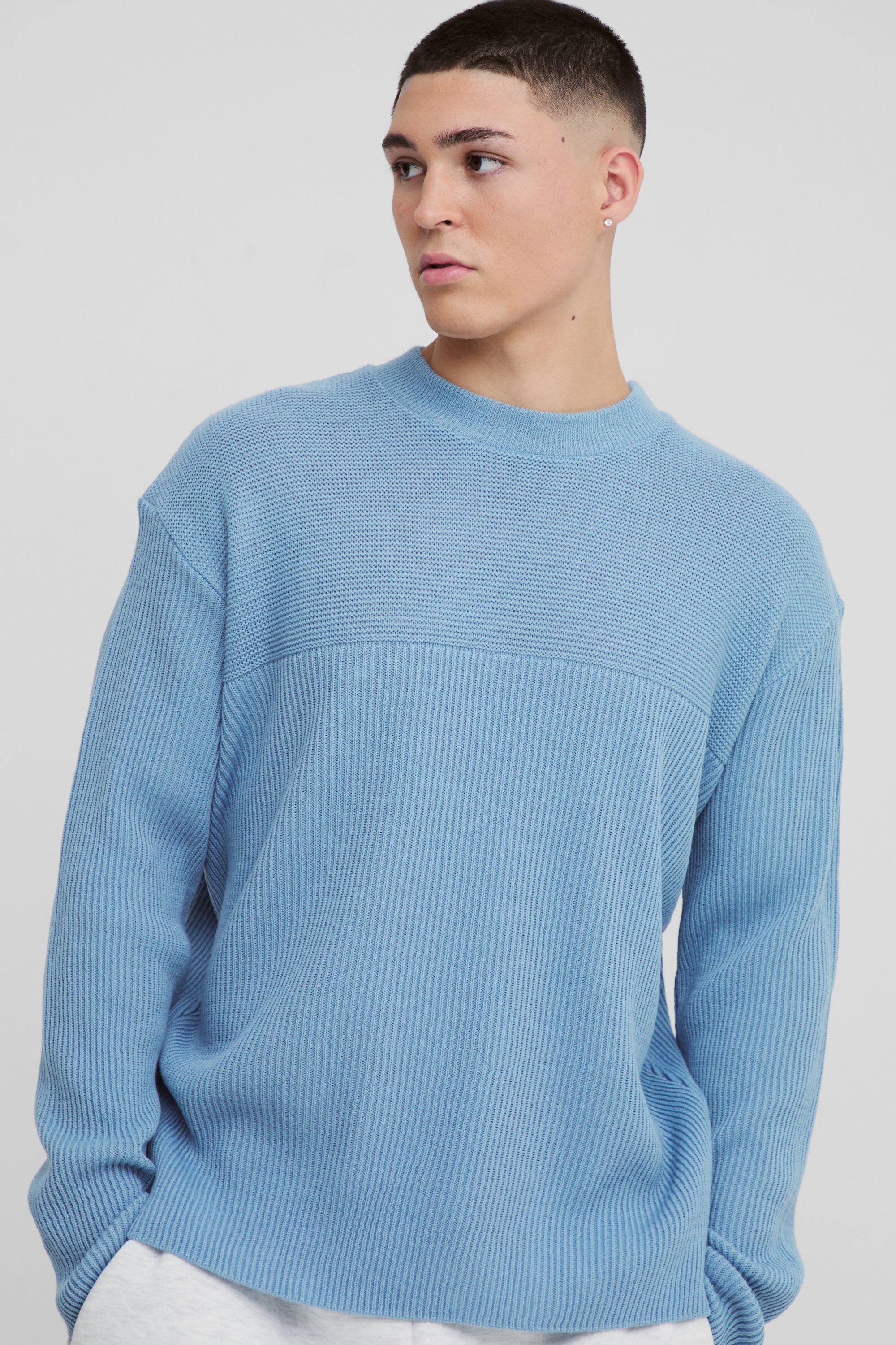Mens Blue Relaxed Fit Extended Neck Ribbed Knit Panel Jumper, Blue