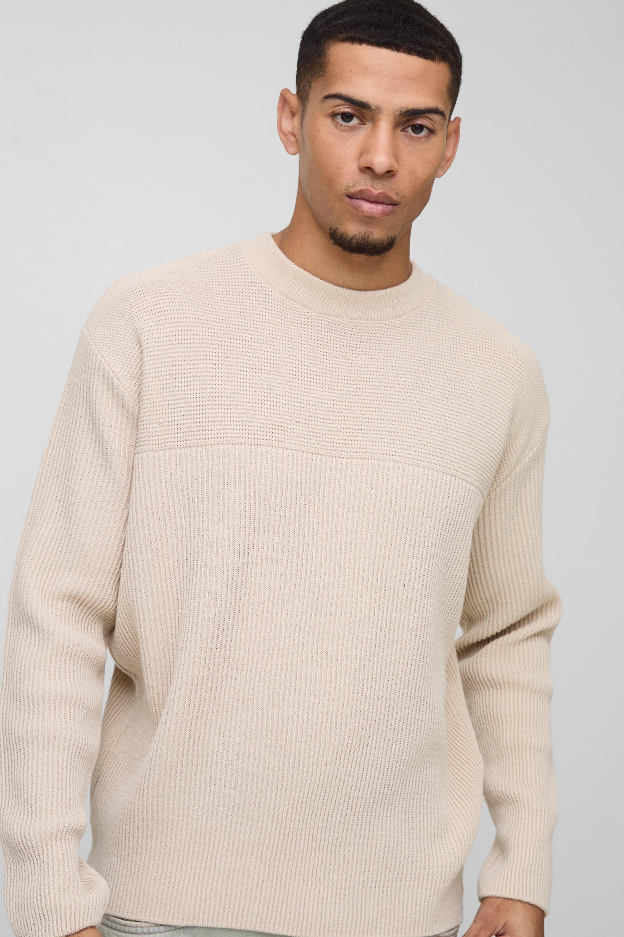 Mens Beige Relaxed Fit Extended Neck Ribbed Knit Panel Jumper, Beige