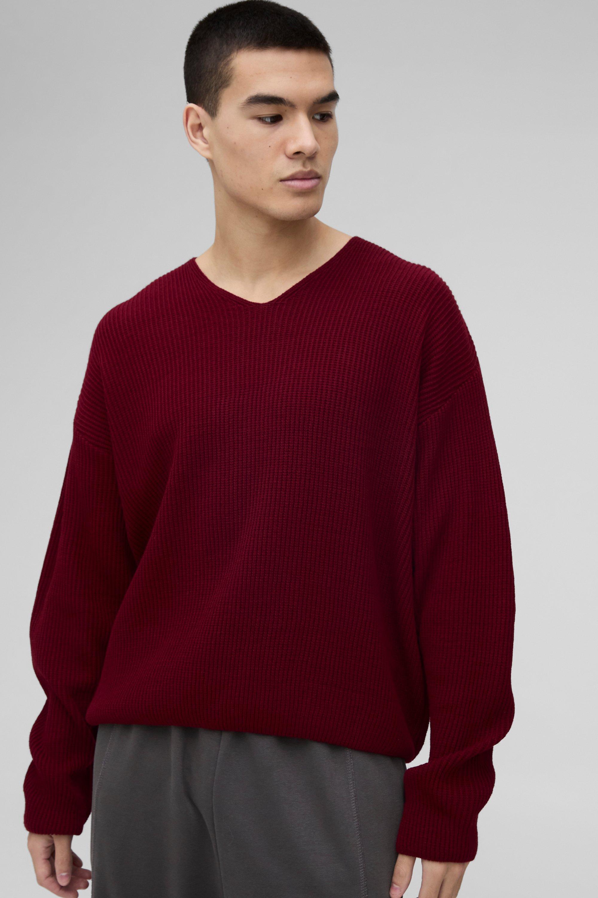 Maglione squadrato in maglia con trama a nido d'ape e scollo a V, Rosso