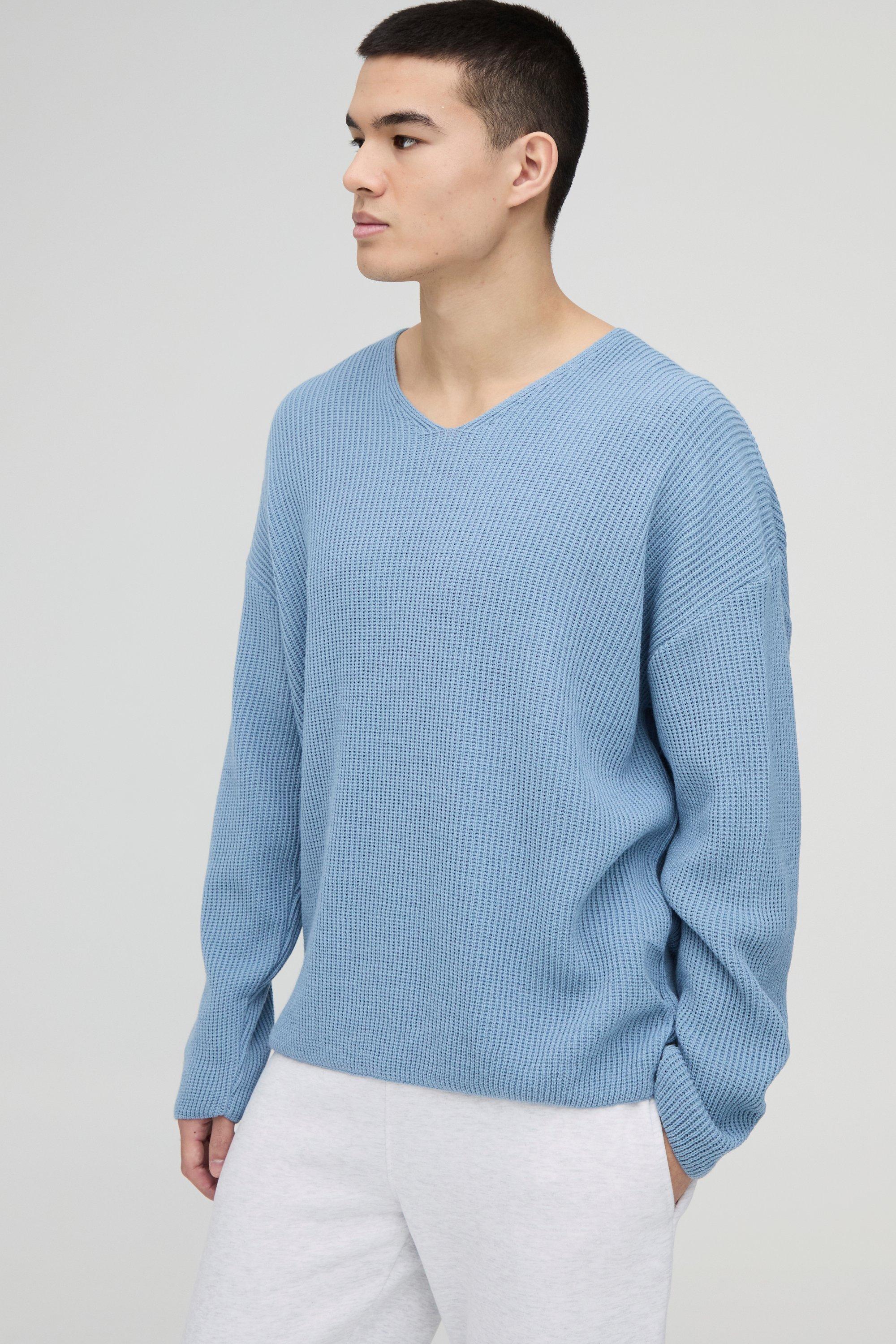 Maglione oversize in maglia a coste con scollo a V e spalle scese, Azzurro