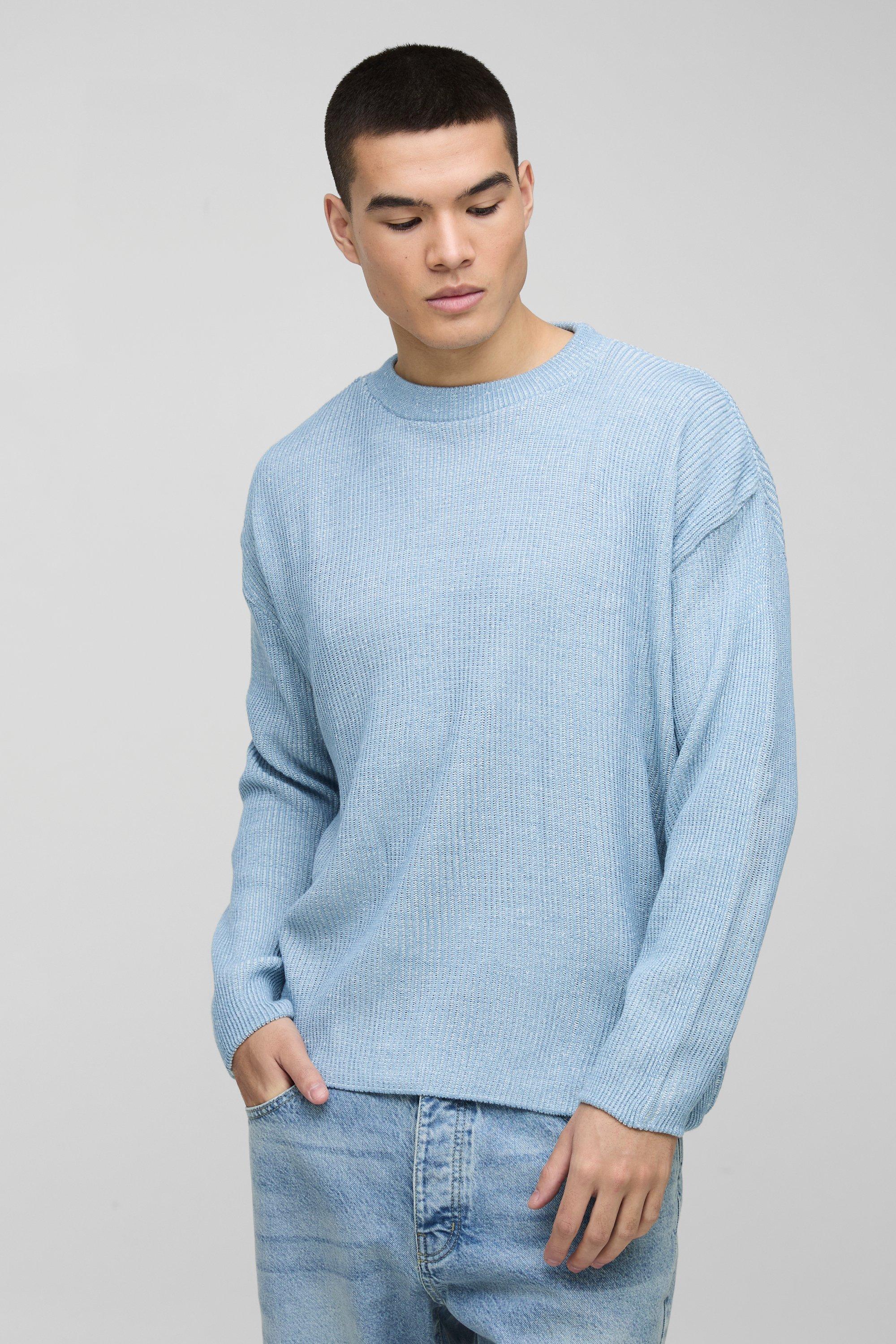 Maglione squadrato in maglia a coste a girocollo con spalline scese, Azzurro