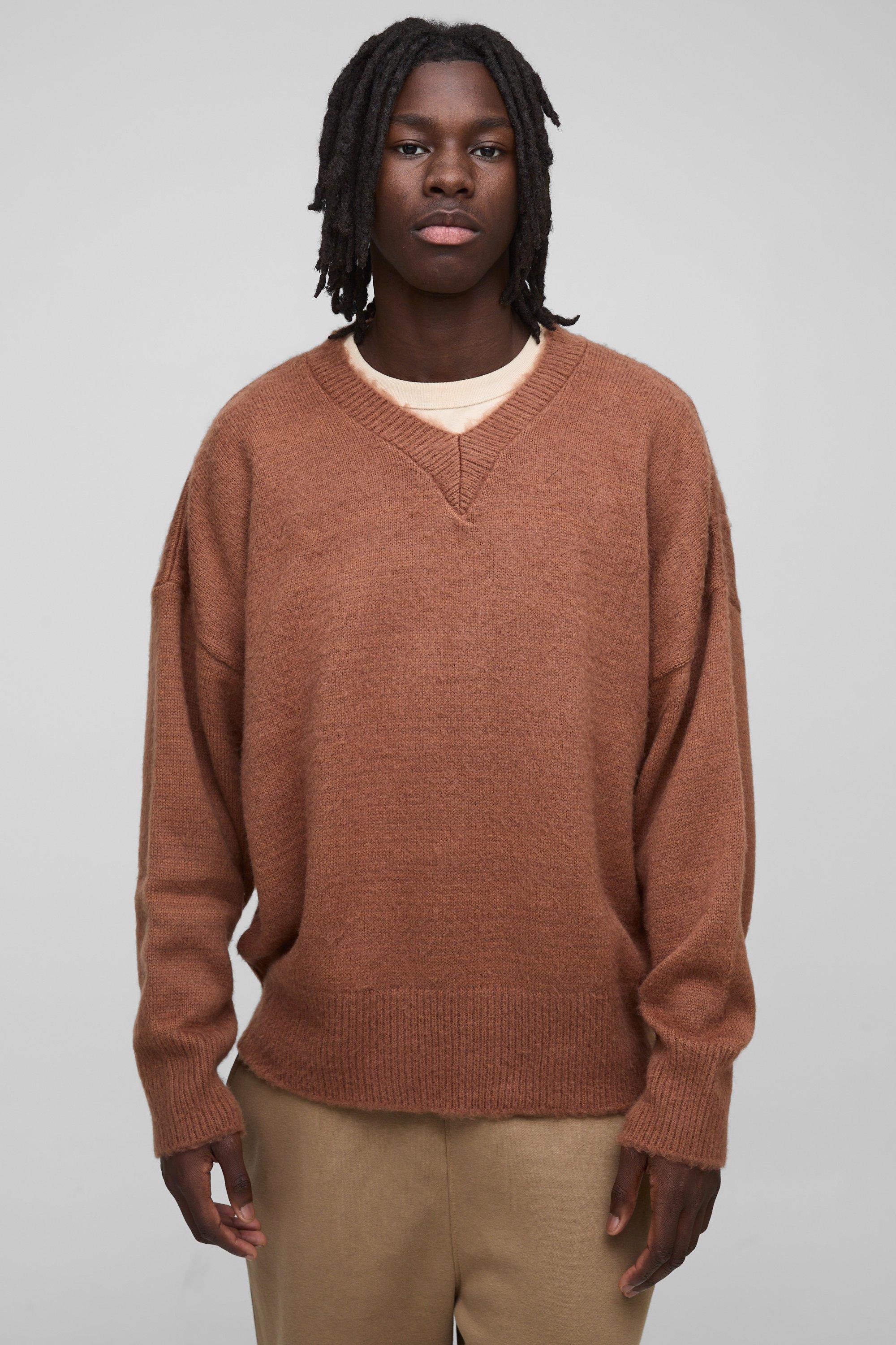 Maglione oversize in maglia morbida con scollo a V e spalle scese, Brown