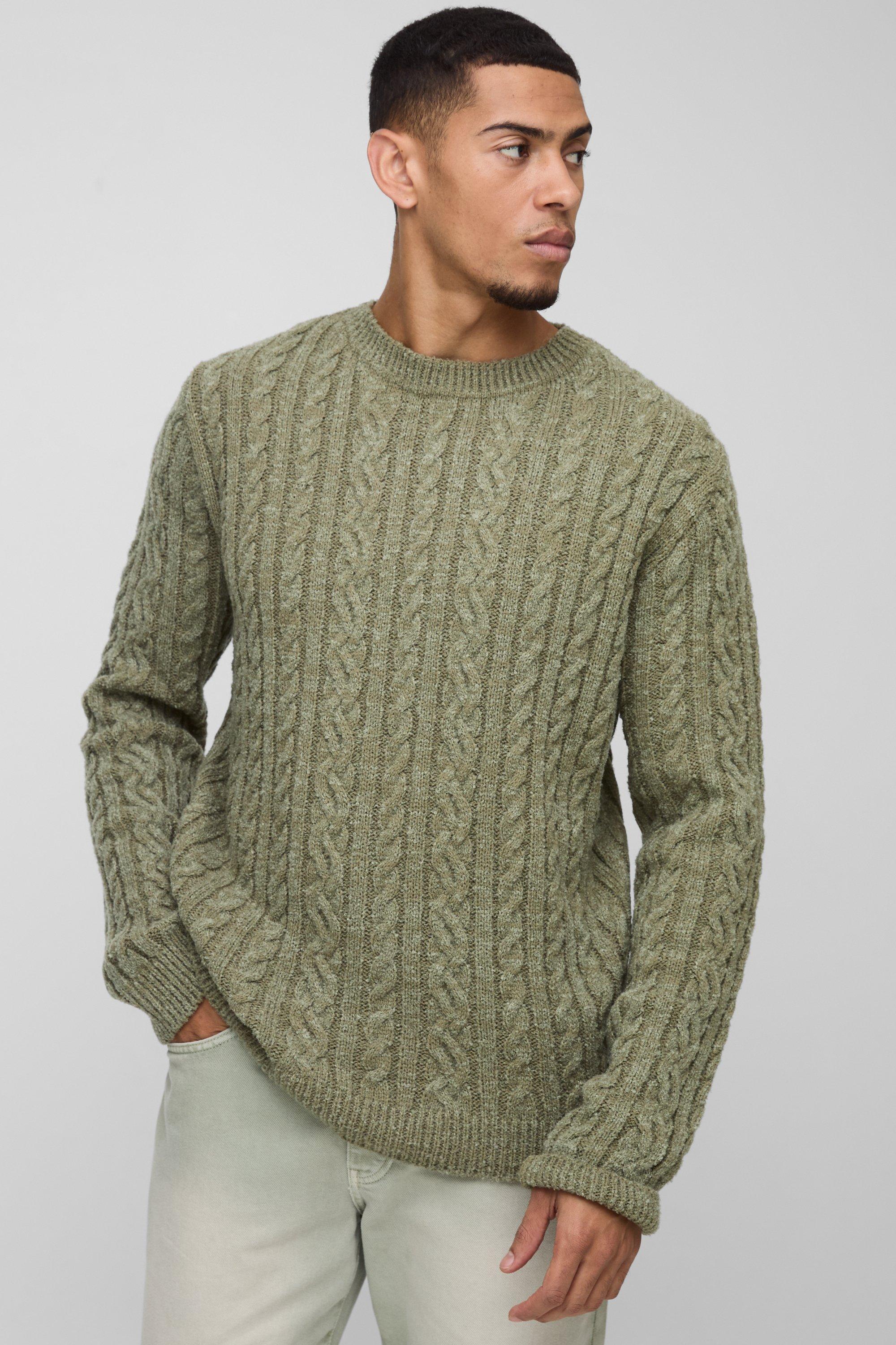 Mens Green Regular Fit Boucle Cable Knit Crew Neck Jumper, Green