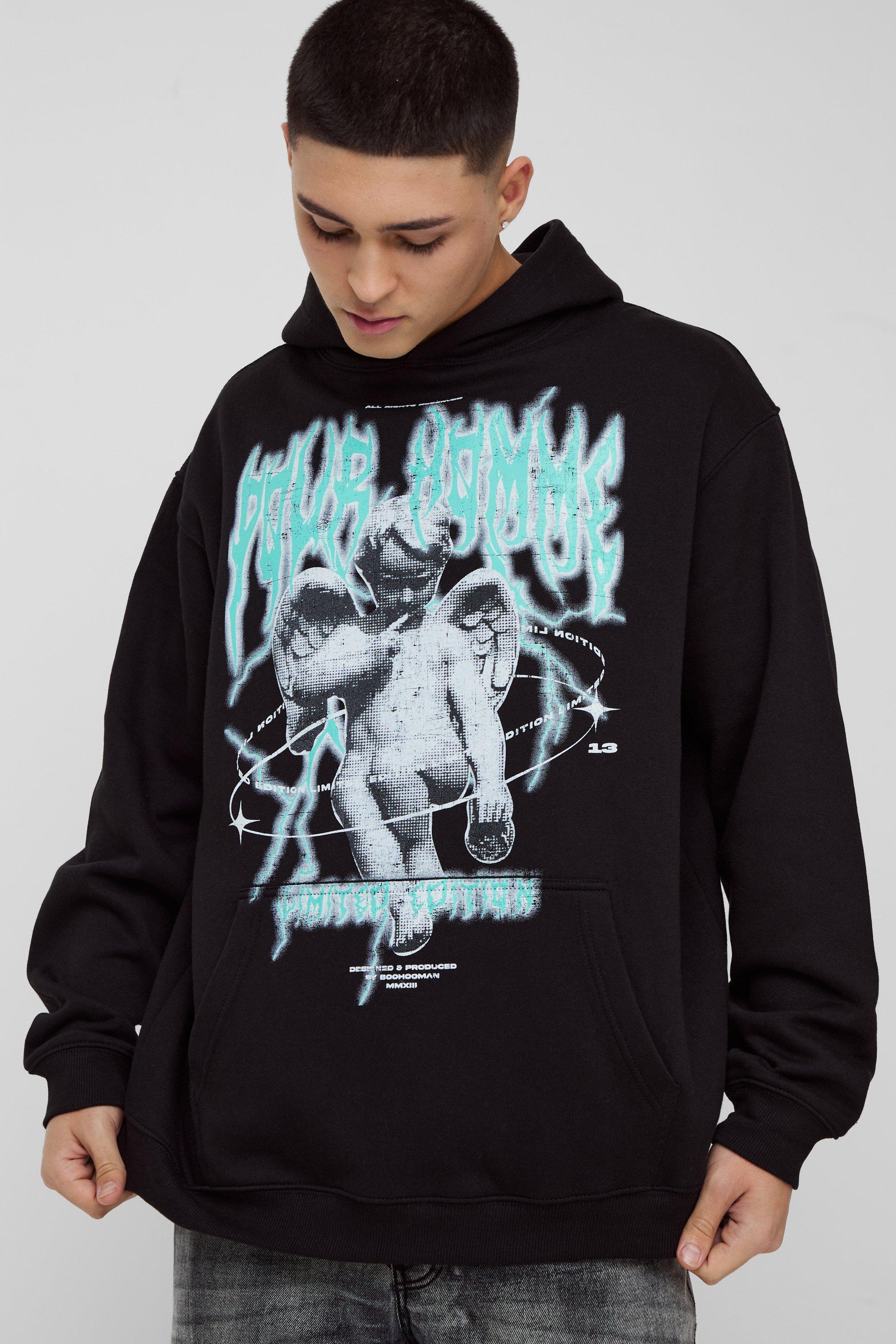 Felpa oversize con grafica di angelo, cuciture e cappuccio, Nero