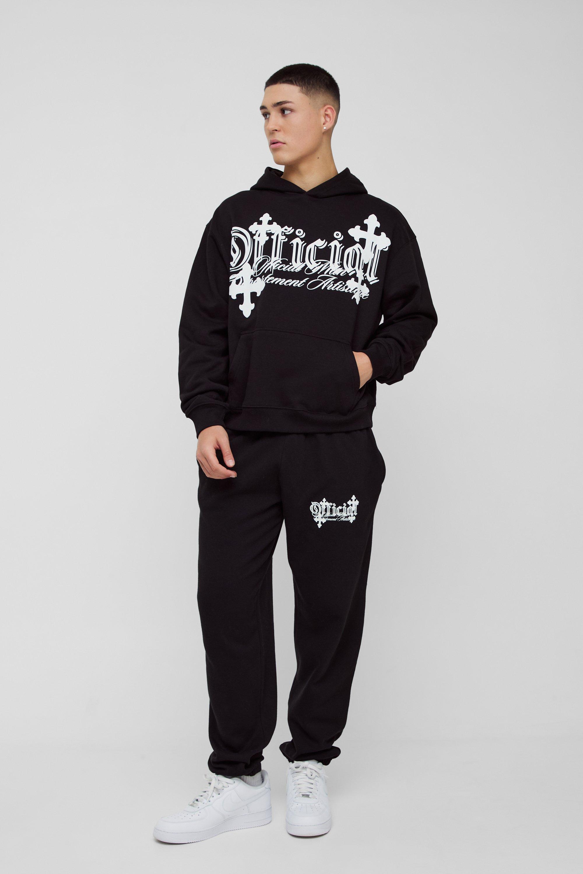 Mens Black Oversized Boxy Cross Printed Hooded Tracksuit, Black