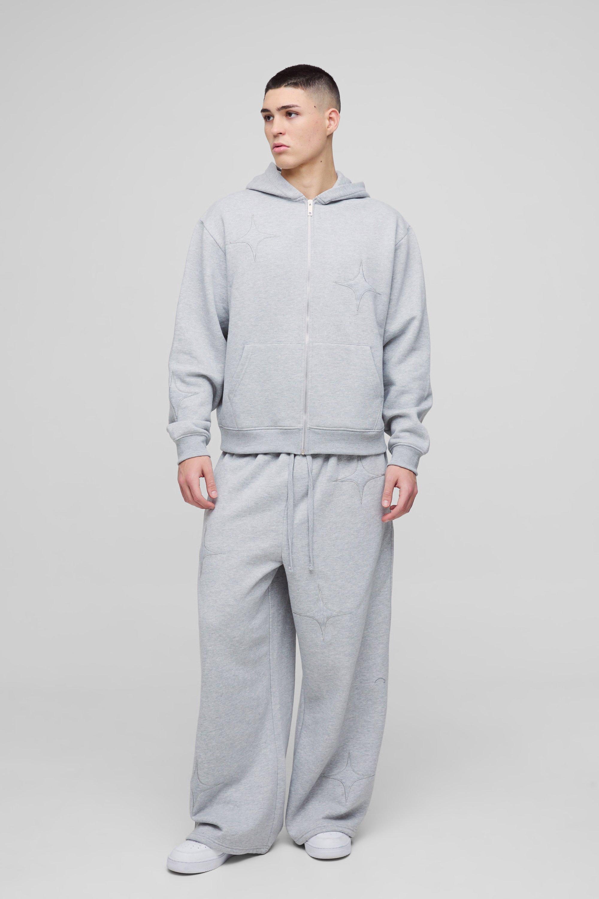 Tuta sportiva squadrata oversize con applique a stella, zip e cappuccio, Grigio