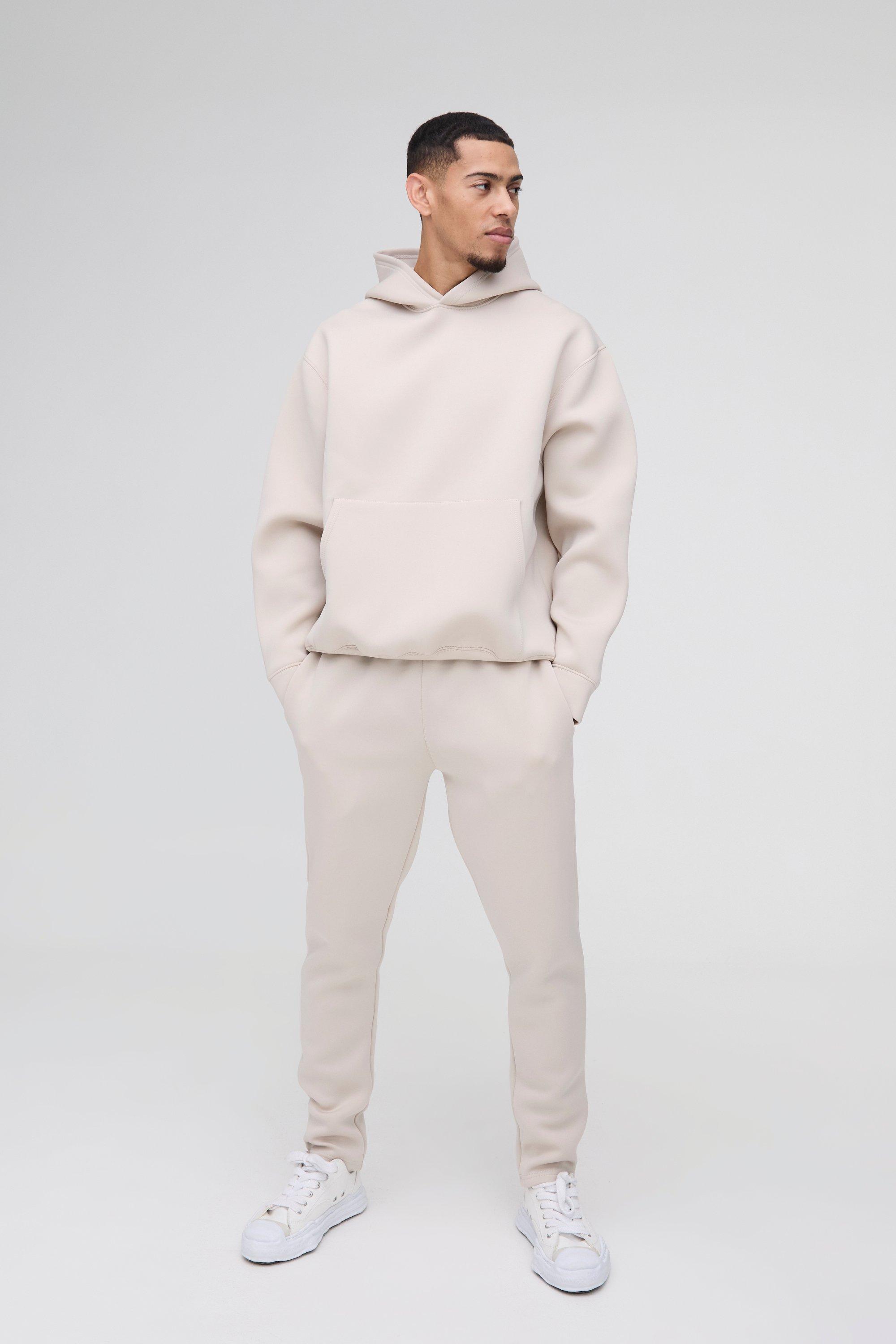 Mens Beige Oversized Bonded Scuba Hooded Tracksuit, Beige