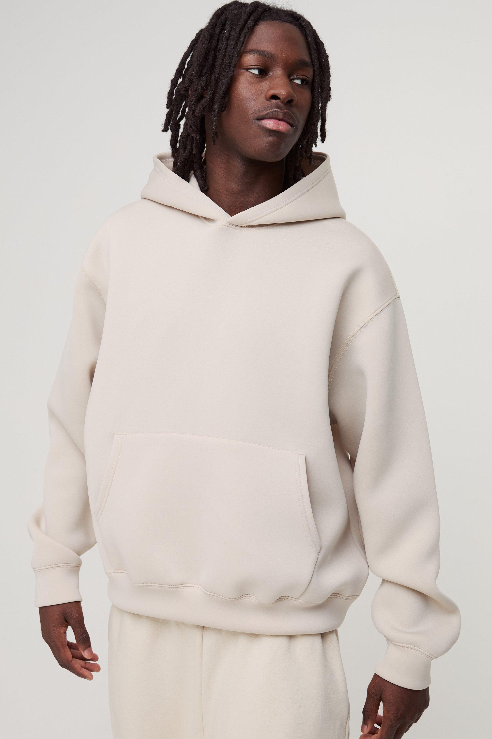 Felpa squadrata oversize in Scuba rivestito con cappuccio, Beige