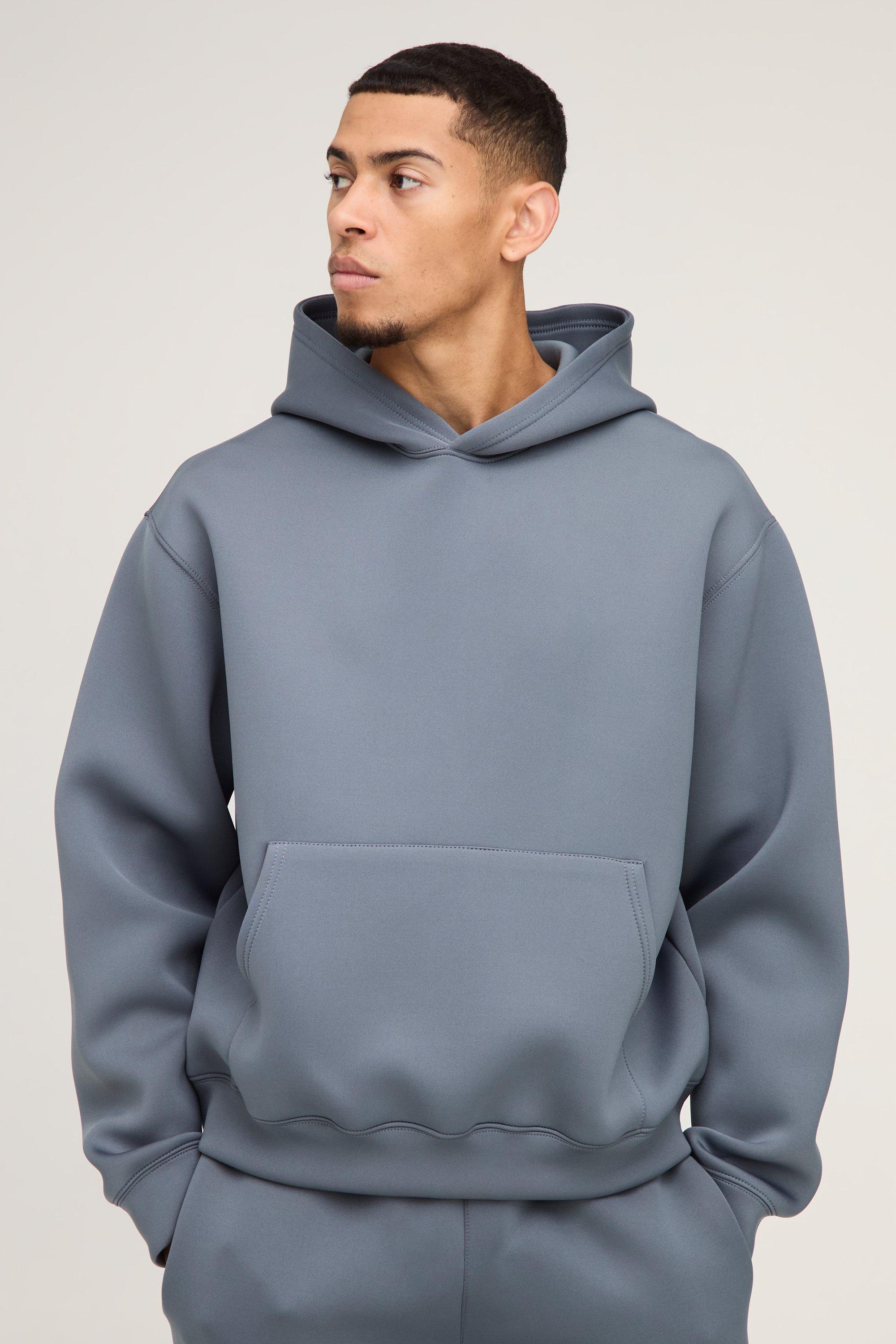 Mens Grey Oversized Boxy Bonded Scuba Hoodie, Grey