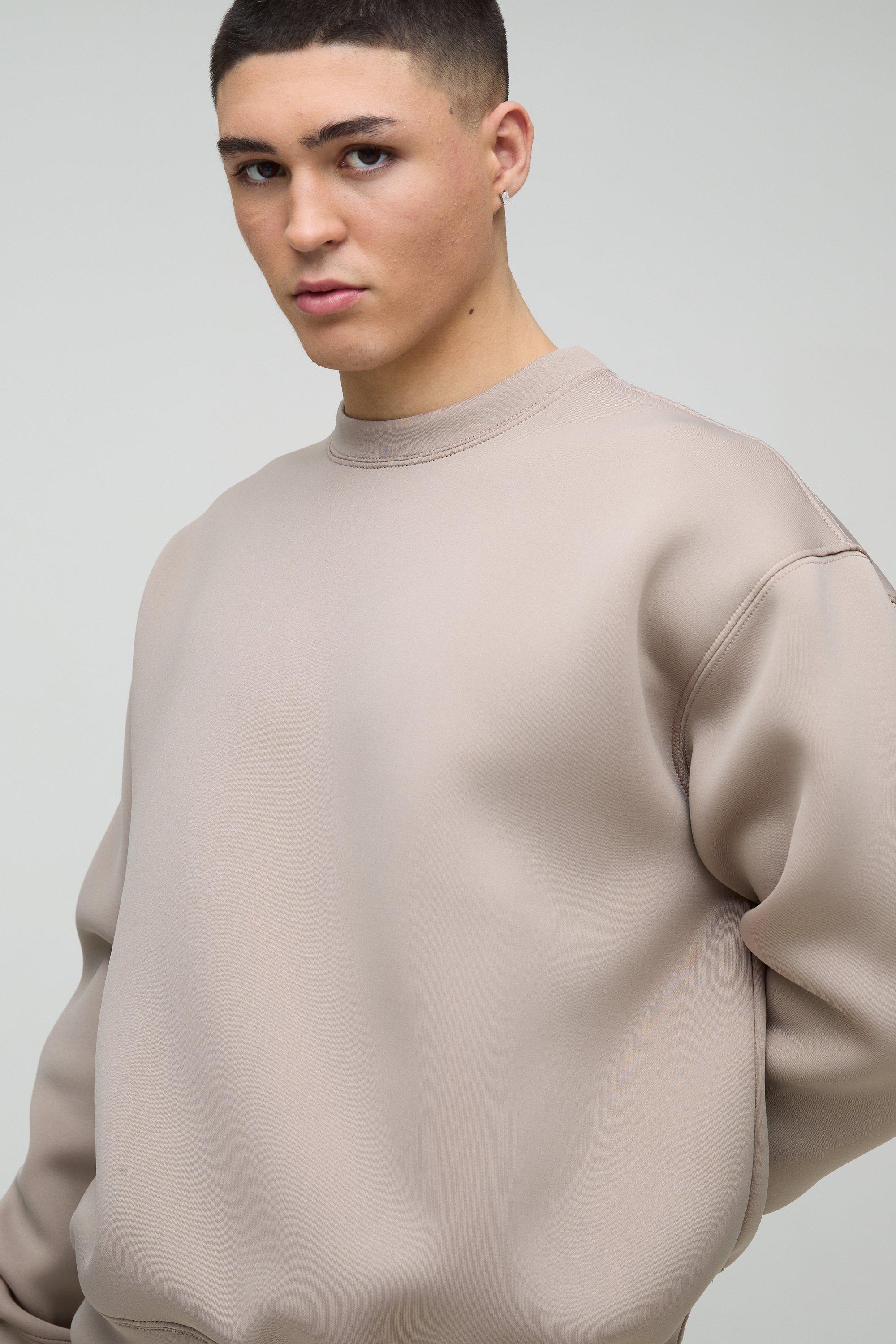 Mens Beige Oversized Boxy Bonded Scuba Sweatshirt, Beige