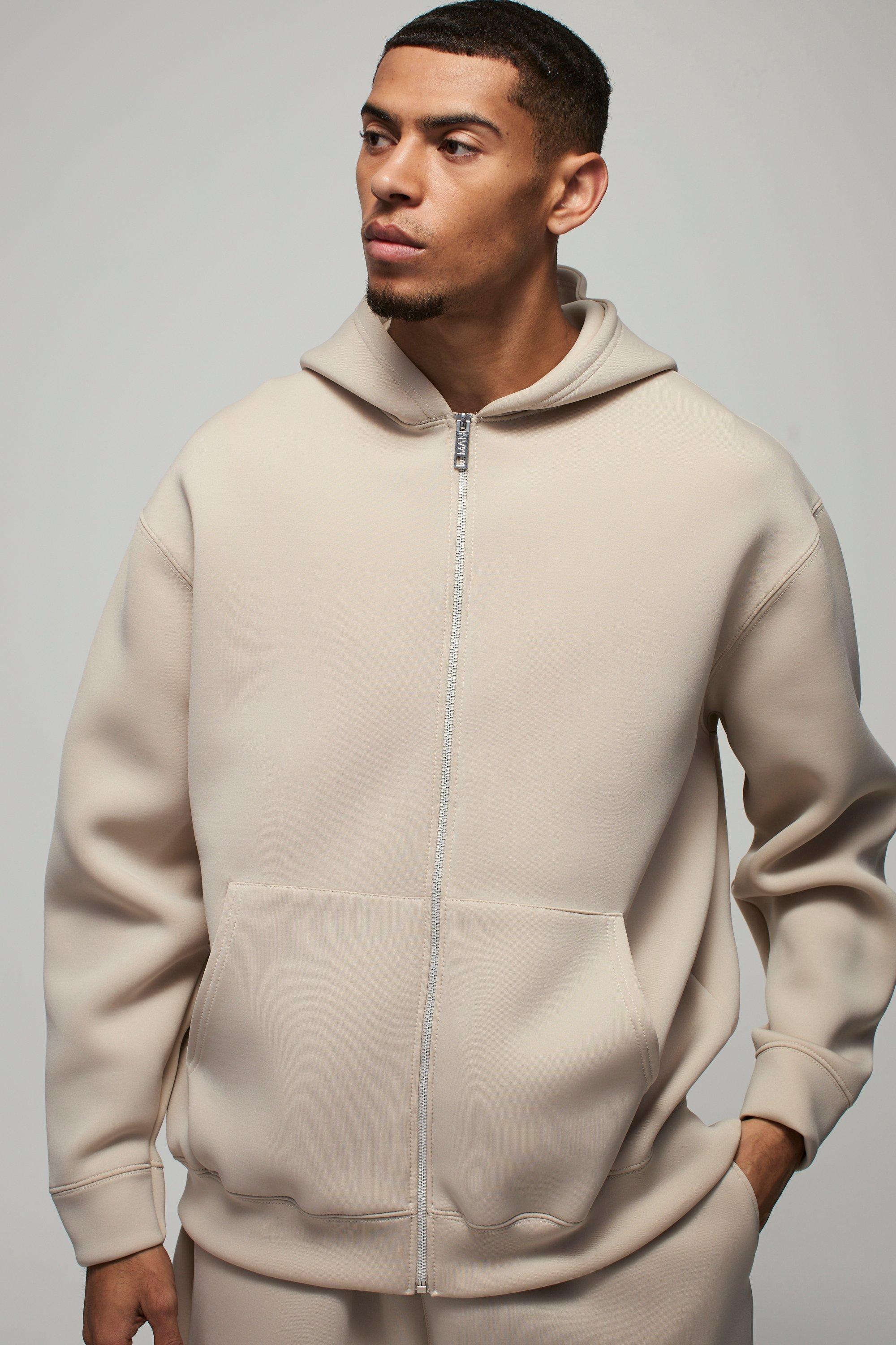 Mens Beige Oversized Zip Through Bonded Scuba Hoodie, Beige