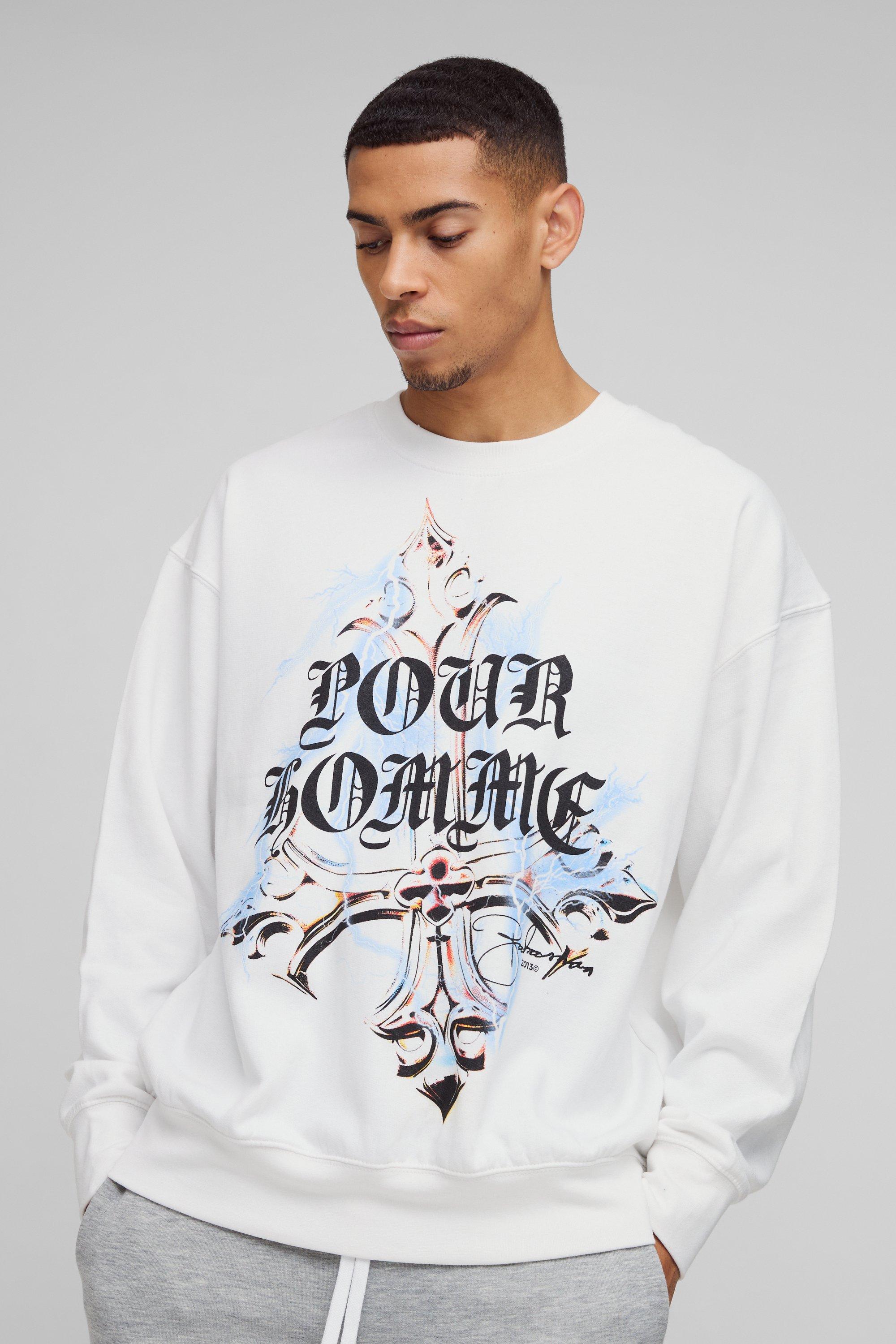 Felpa oversize Pour Homme con grafica a croce gotica, Bianco