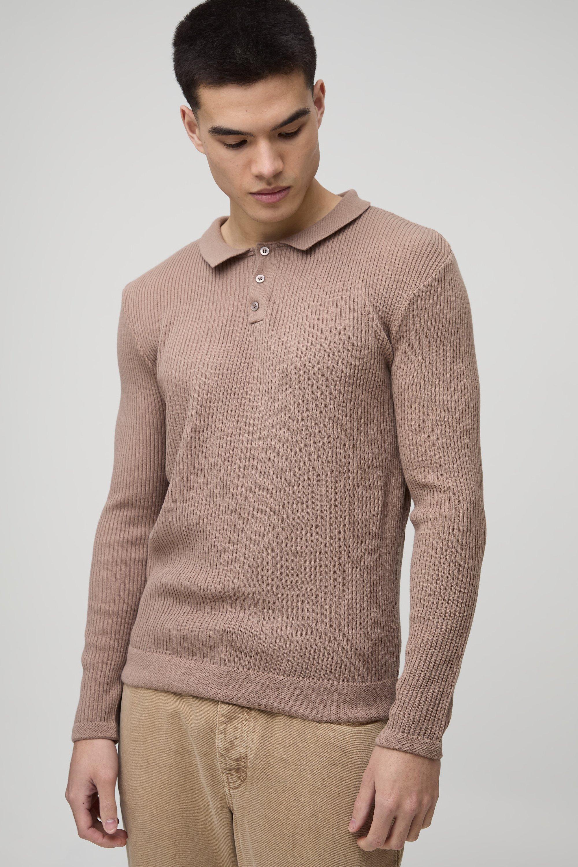 Polo attillata in maglia a coste con bottoni sul colletto, Beige