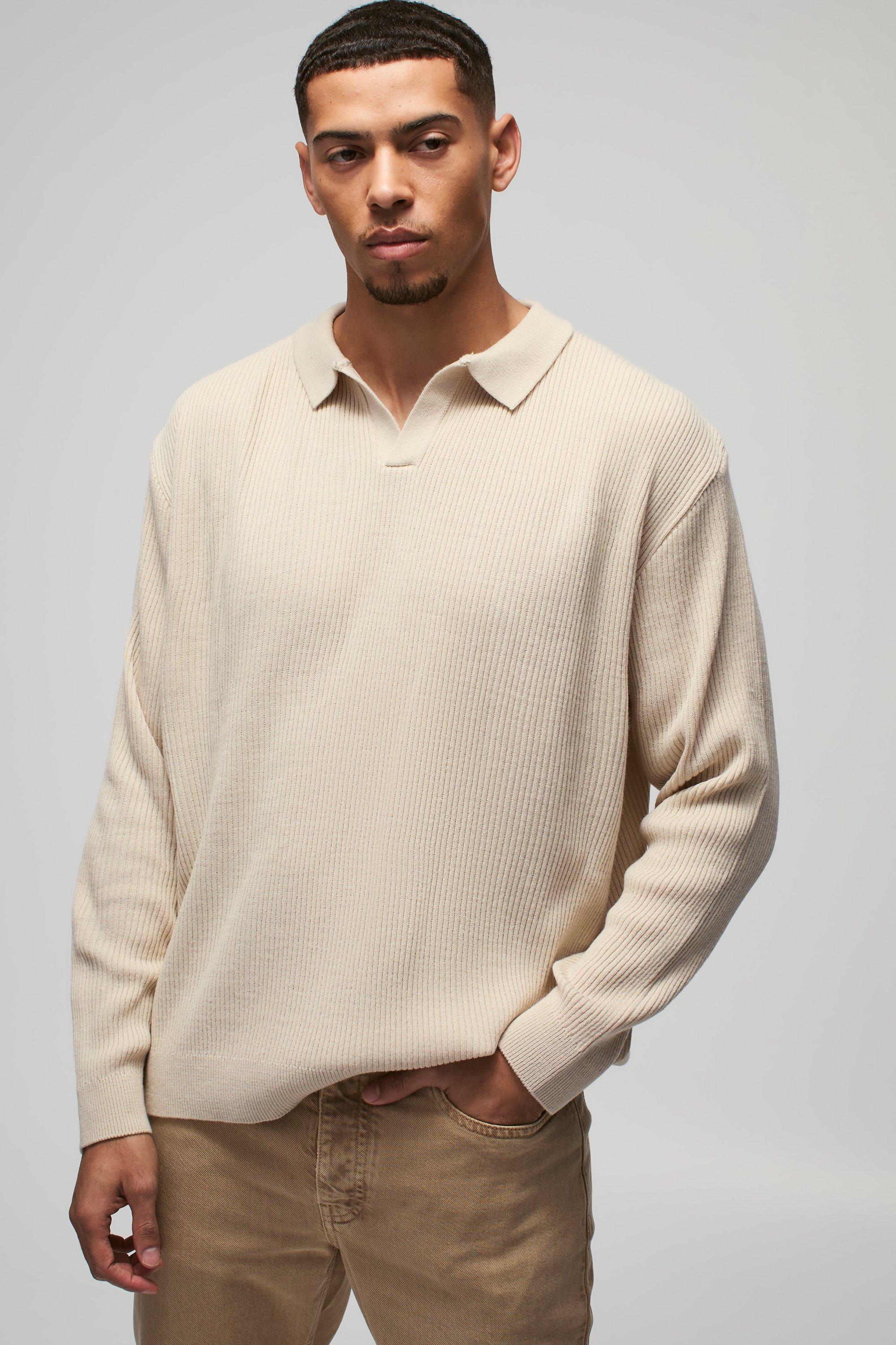 Polo oversize in maglia a coste con colletto e rever, Beige