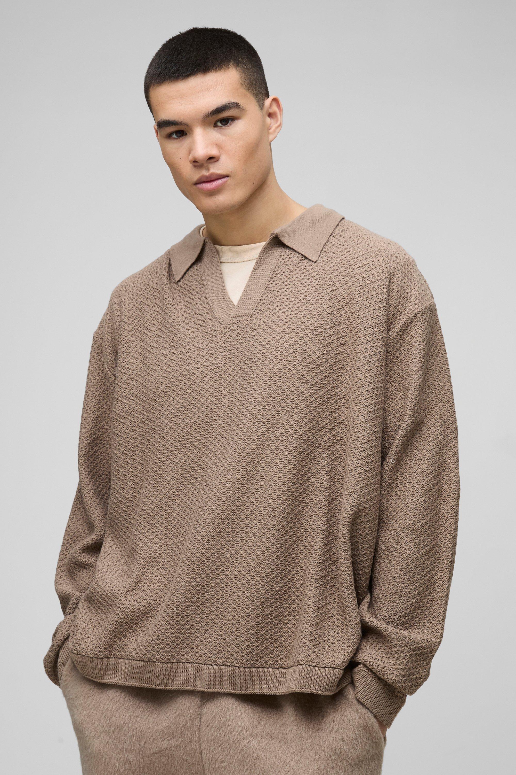 Polo squadrata oversize in maglia con rever, Beige