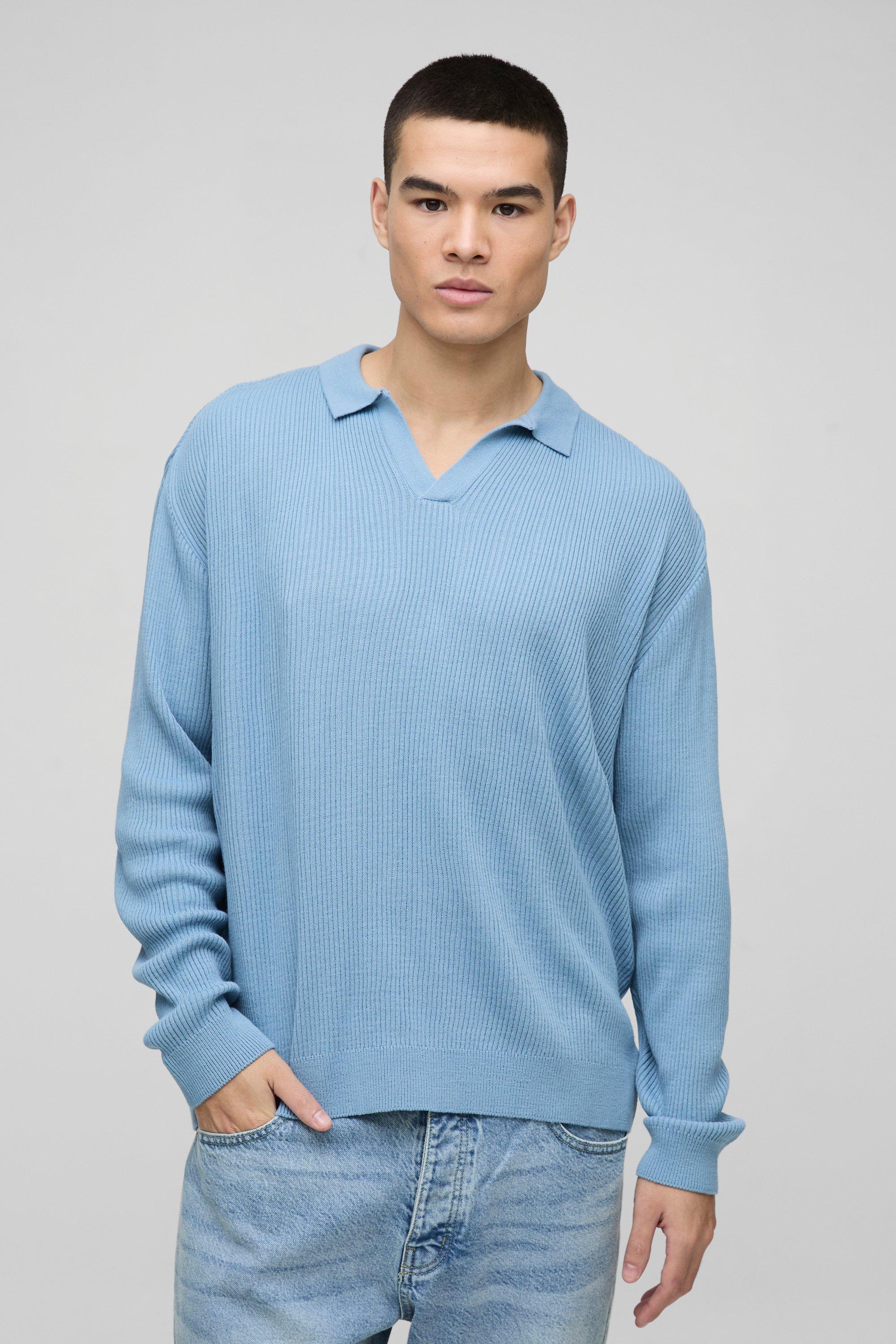 Polo oversize in maglia a coste con colletto e rever, Azzurro