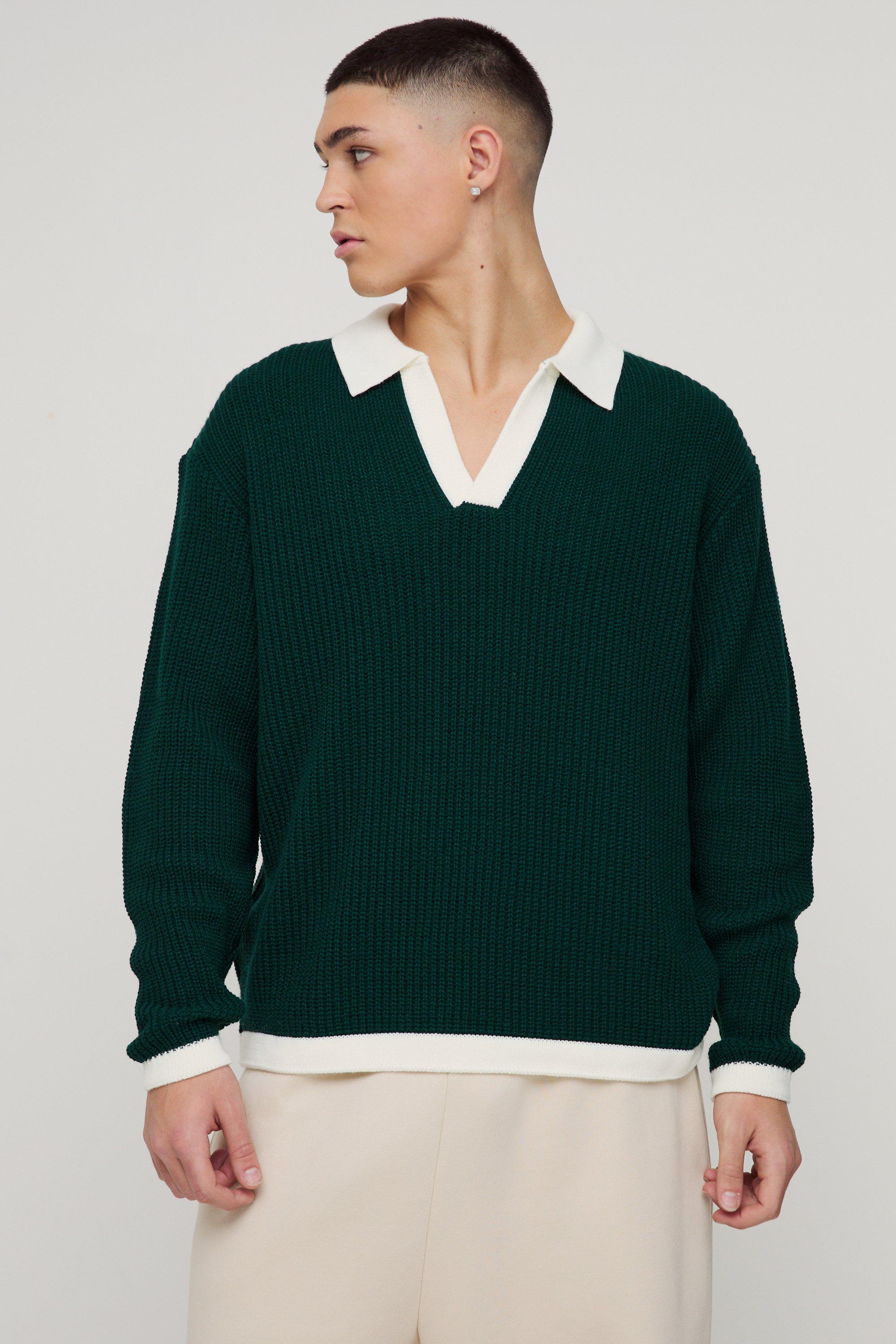 Polo squadrata oversize in maglia con rever a contrasto, Verde