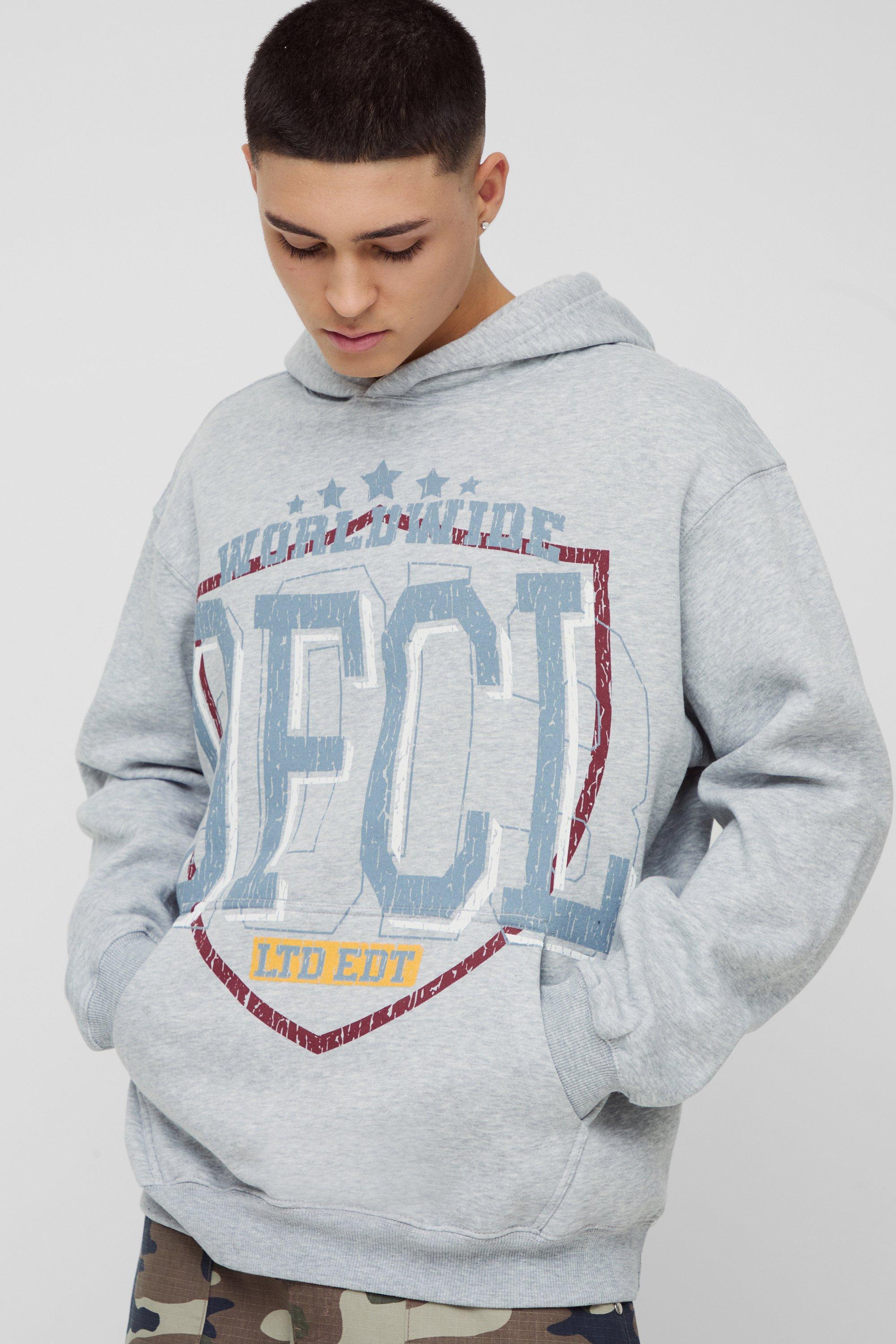 Felpa oversize Homme stile Varsity con cappuccio, Grigio