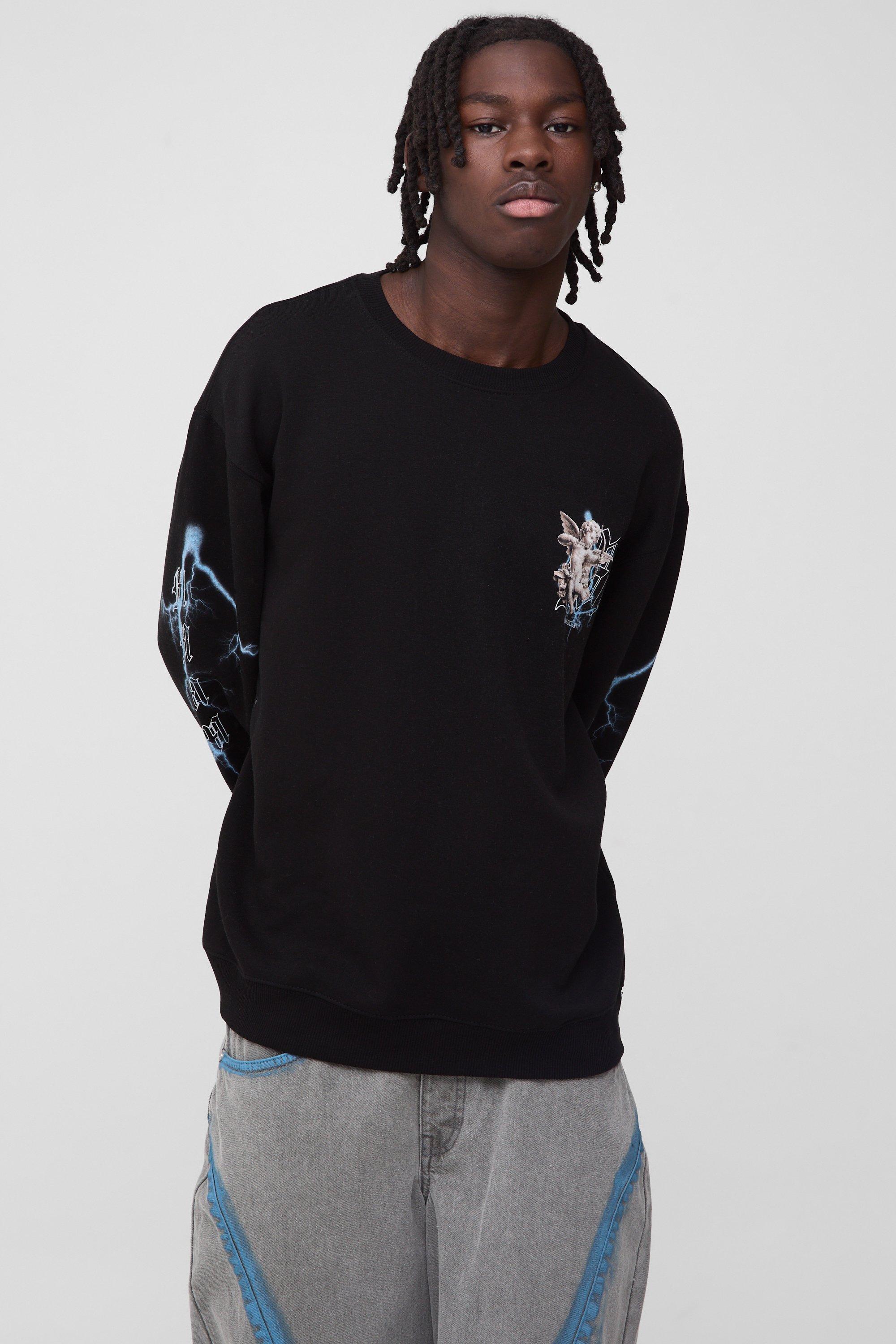 Felpa oversize con grafica rinascimentale, Nero