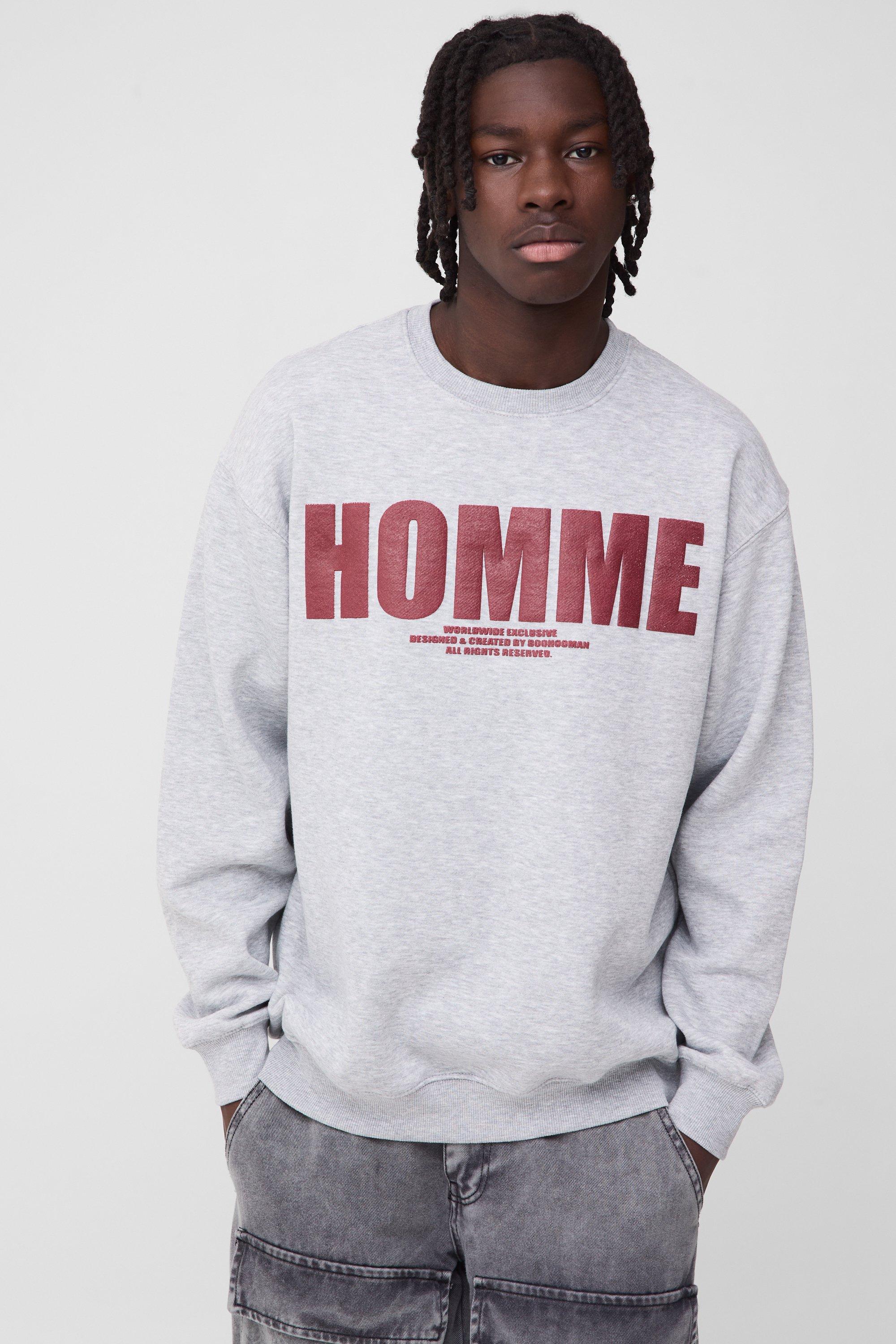 Mens Grey Oversized Puff Print Homme Sweatshirt, Grey