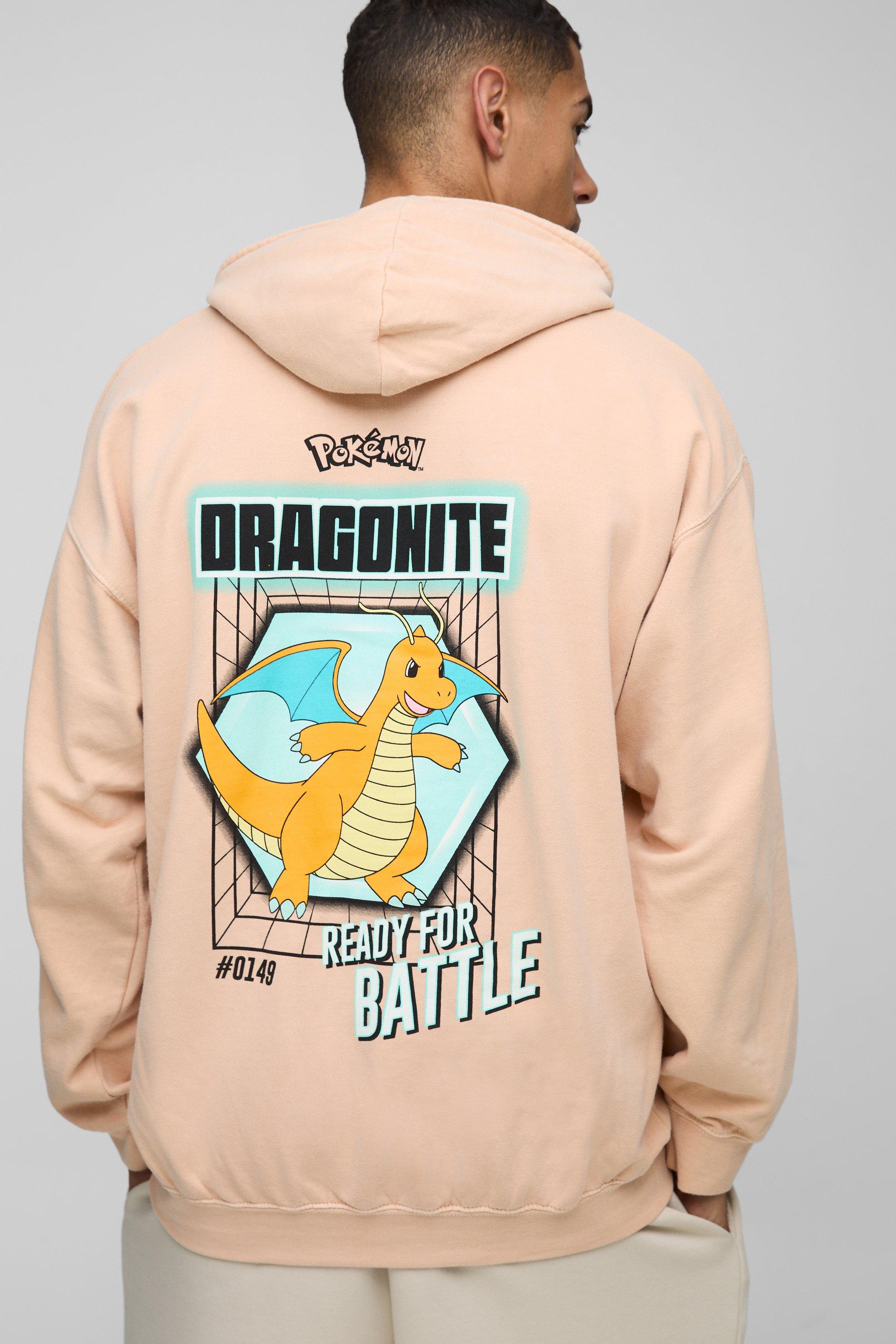 Mens Orange Oversized Wash Pokemon Dragonite License Print Hoodie, Orange