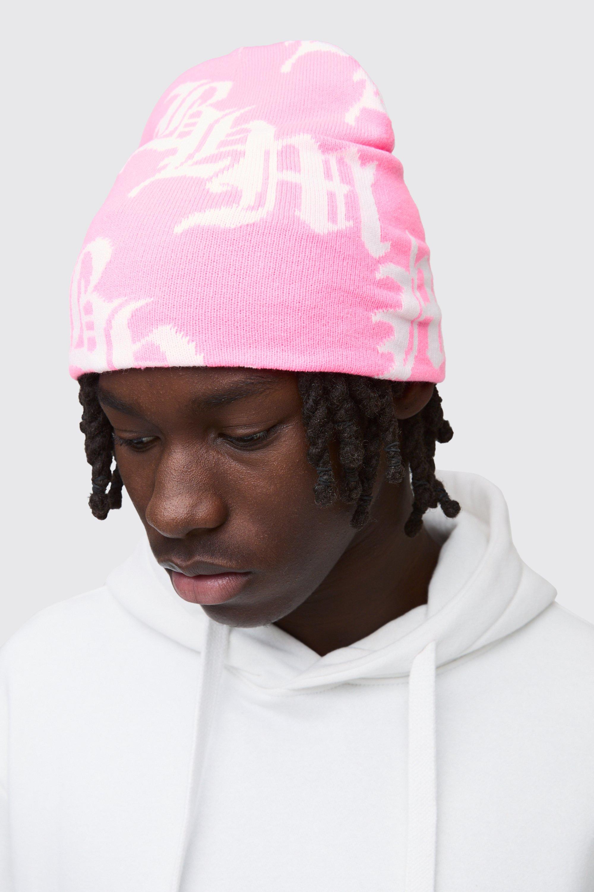 Mens Gothic Logo Beanie In Pink, Pink