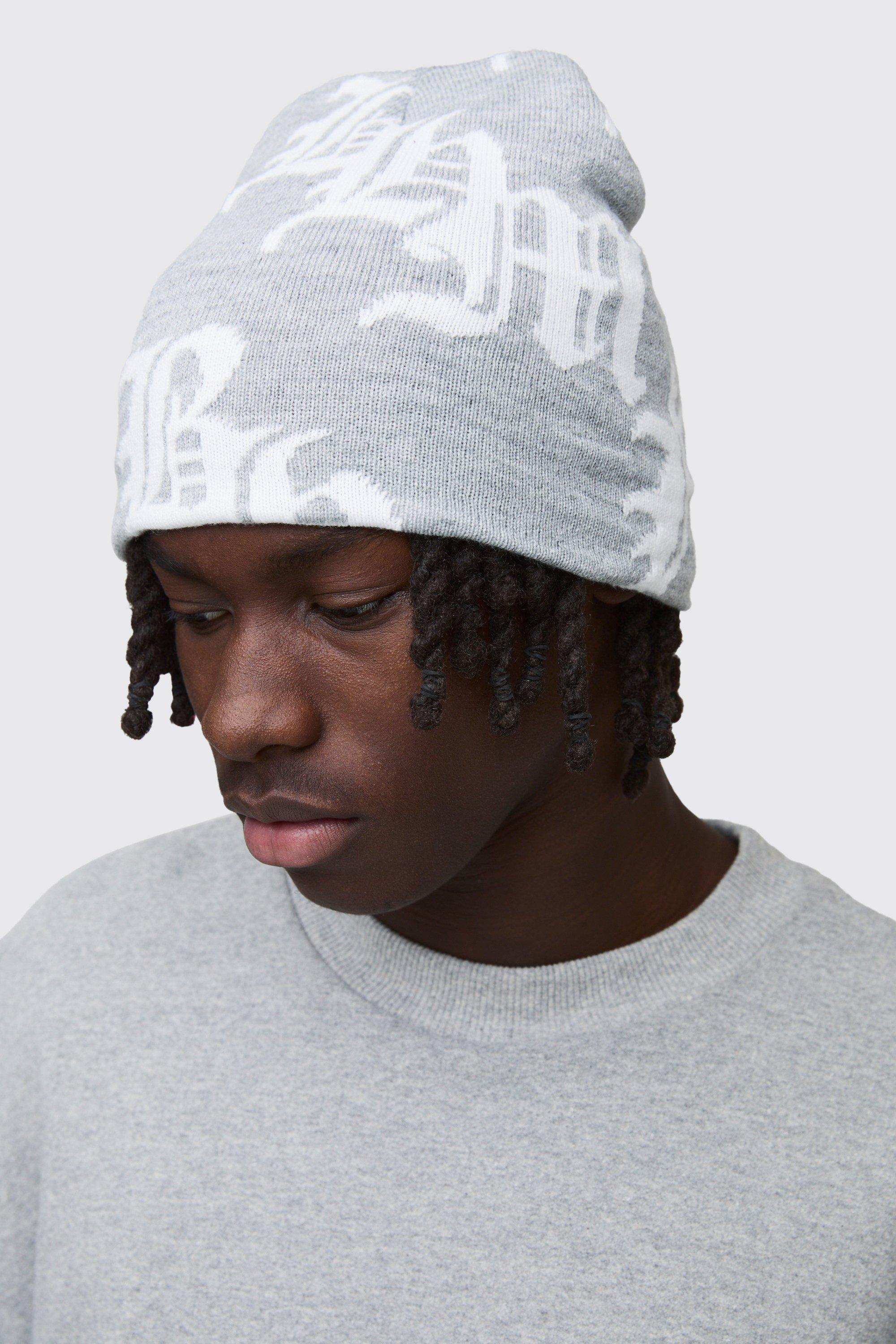 Mens Gothic Logo Beanie In Grey, Grey