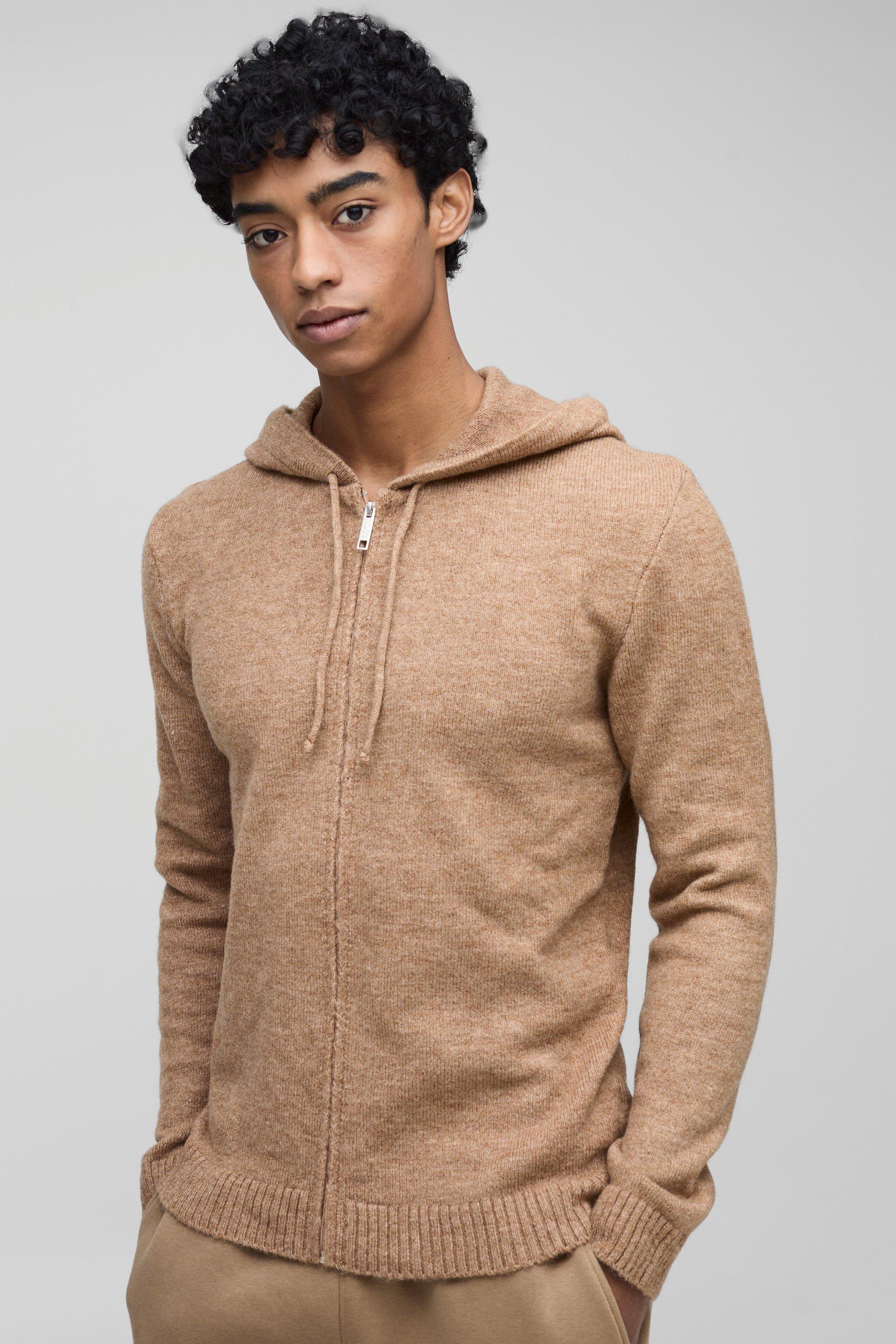 Felpa in maglia Regular Fit con zip e cappuccio, Brown