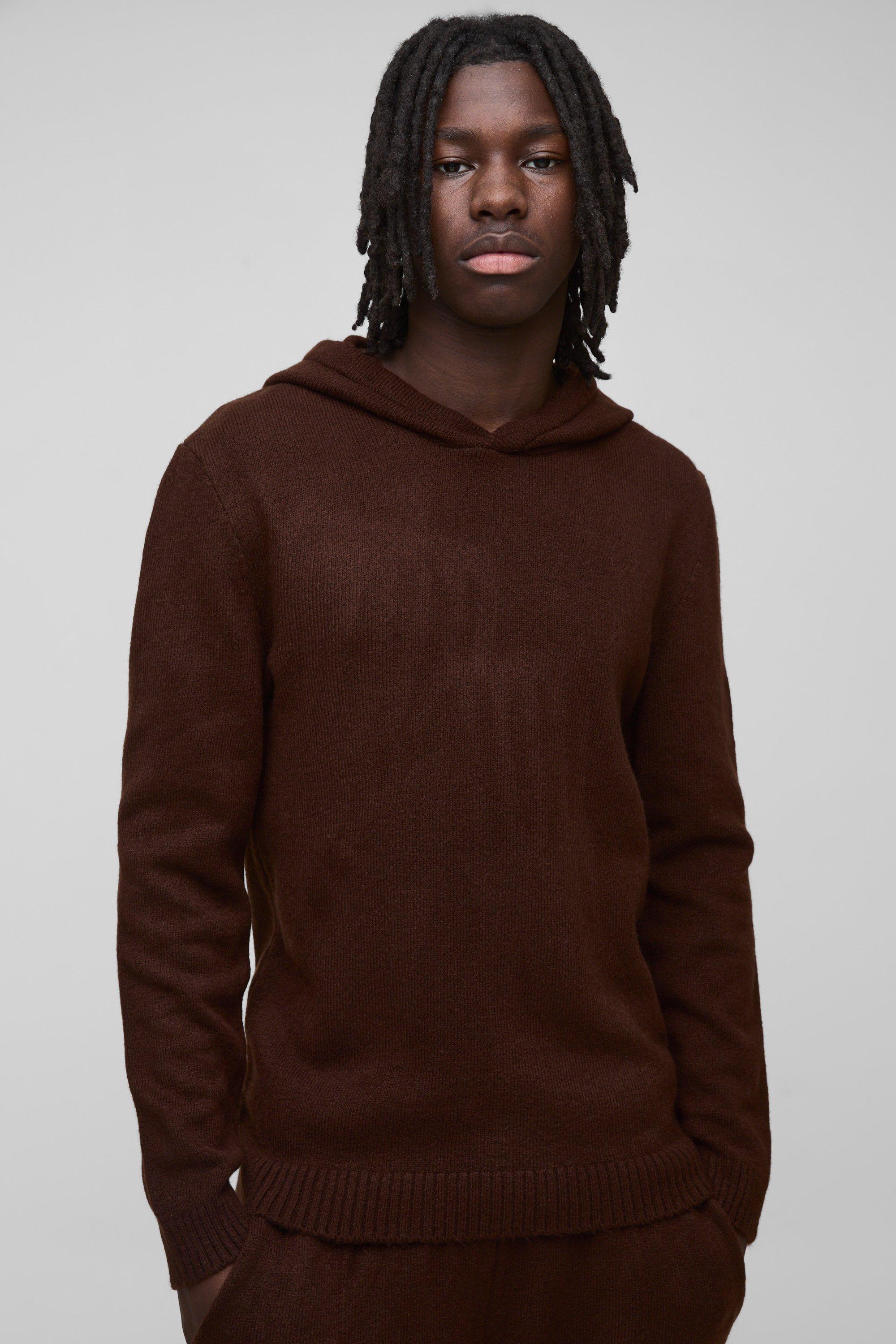 Felpa Regular Fit in maglia spazzolata con cappuccio, Brown