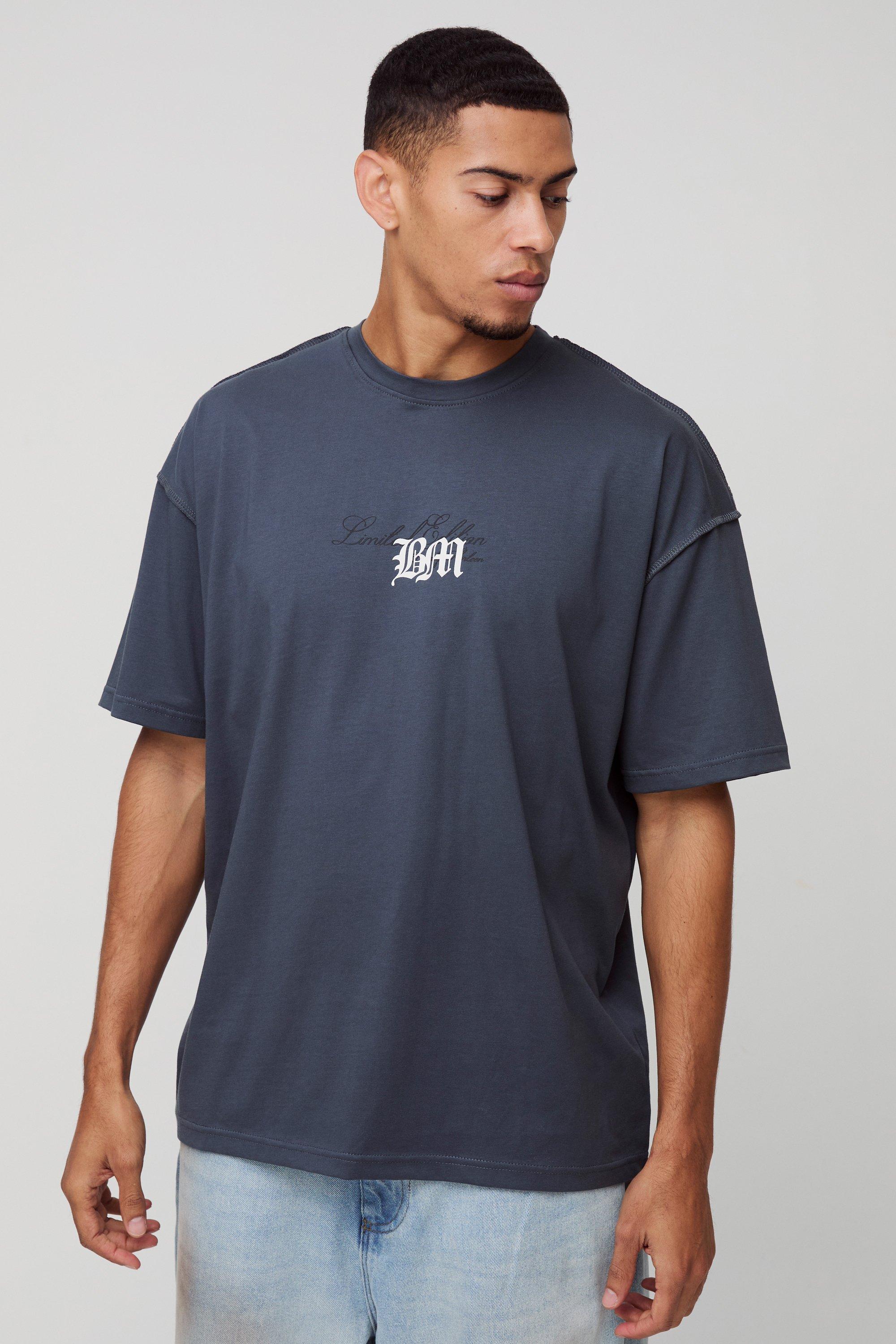 T-shirt oversize pesante slavata con stampa e cuciture overlock, Grigio