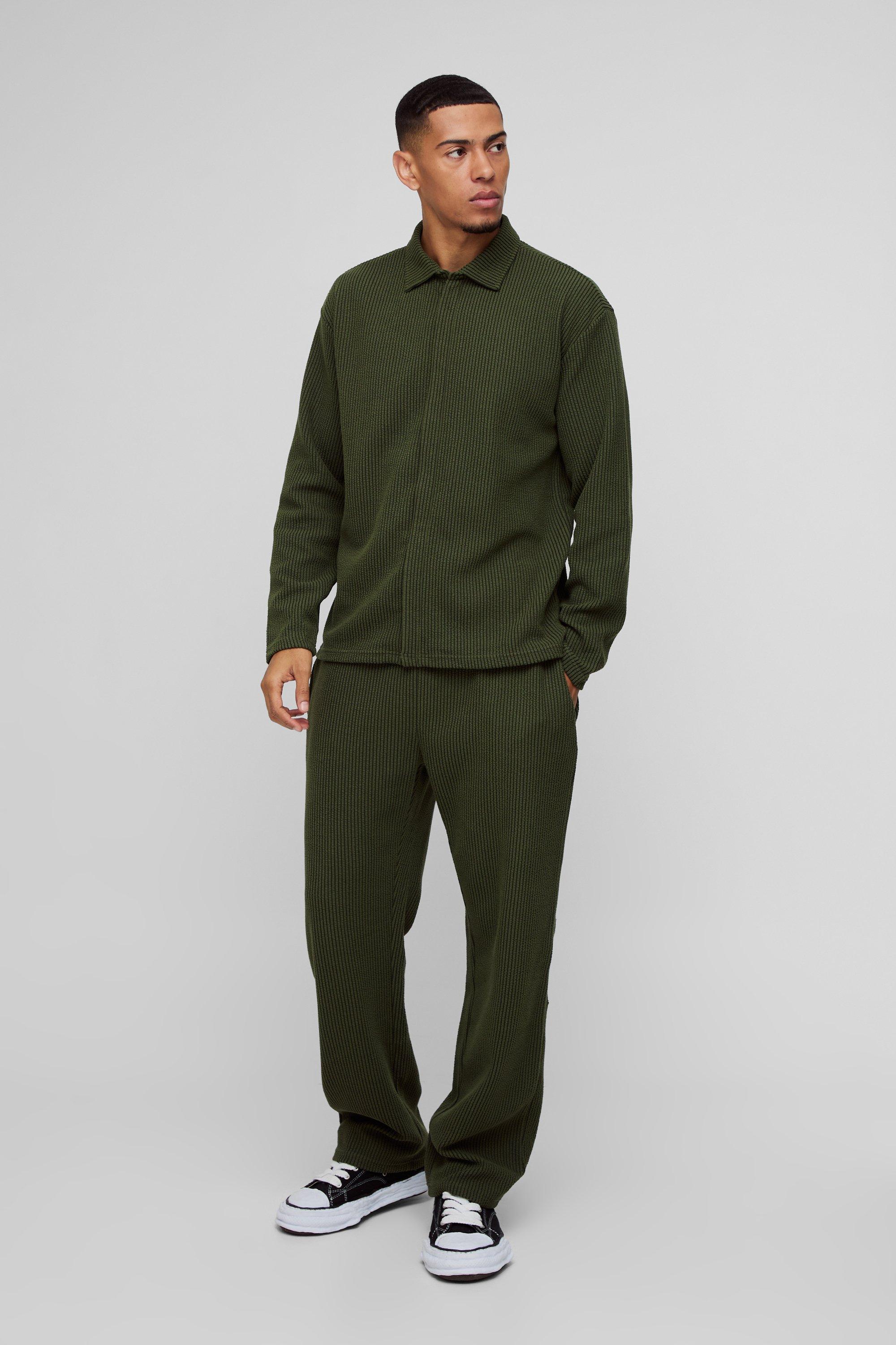 Set camicia oversize in jersey a coste in due toni con zip & pantaloni tuta dritti, Verde