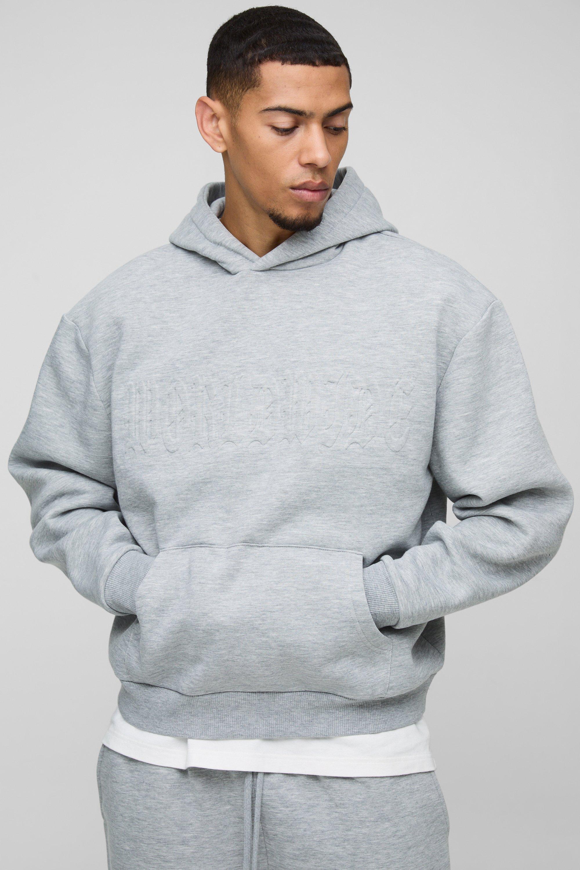 Mens Grey Oversized Boxy Worldwide Embossed Hoodie, Grey