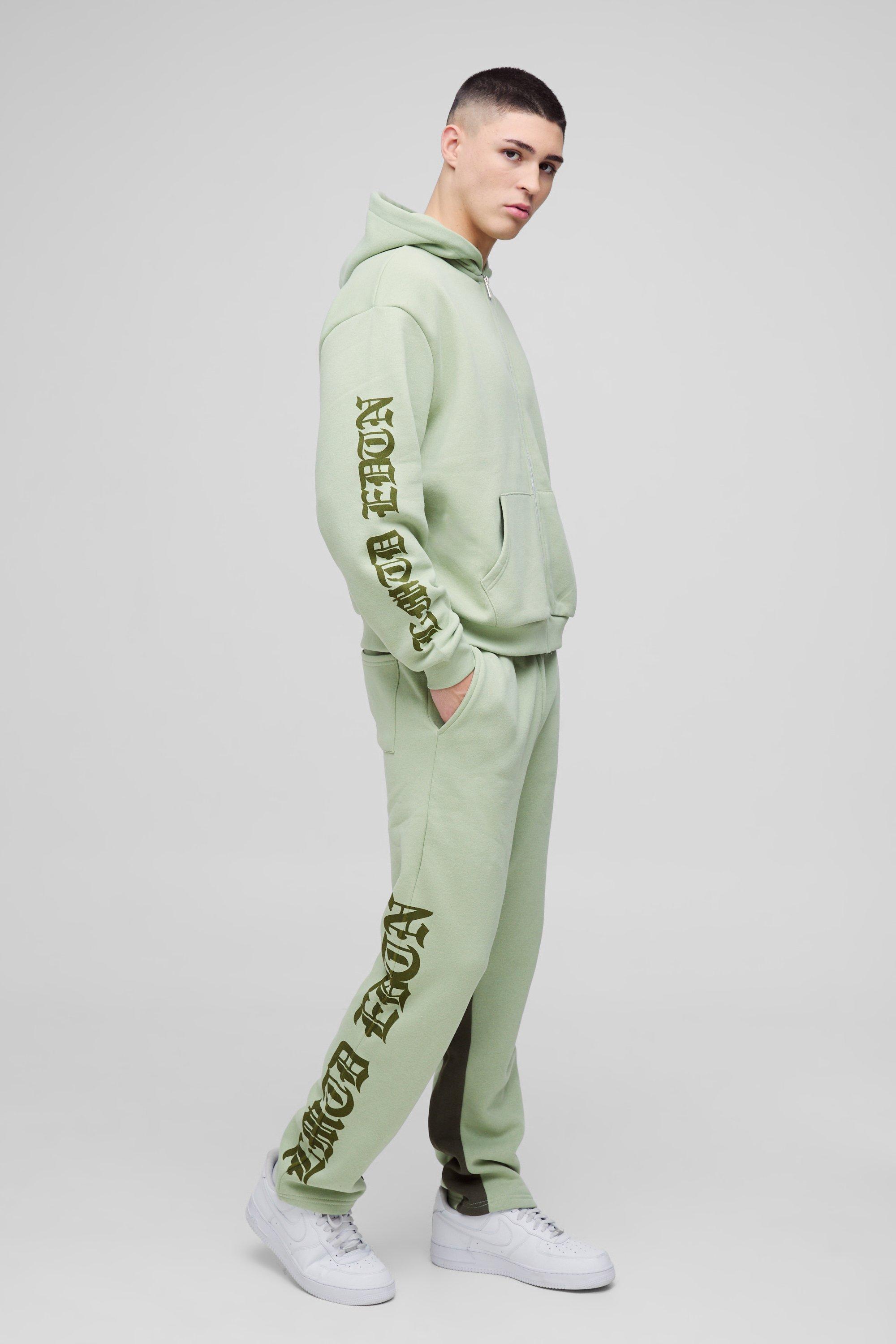 Mens Green Oversized Boxy Printed Gusset Tracksuit, Green