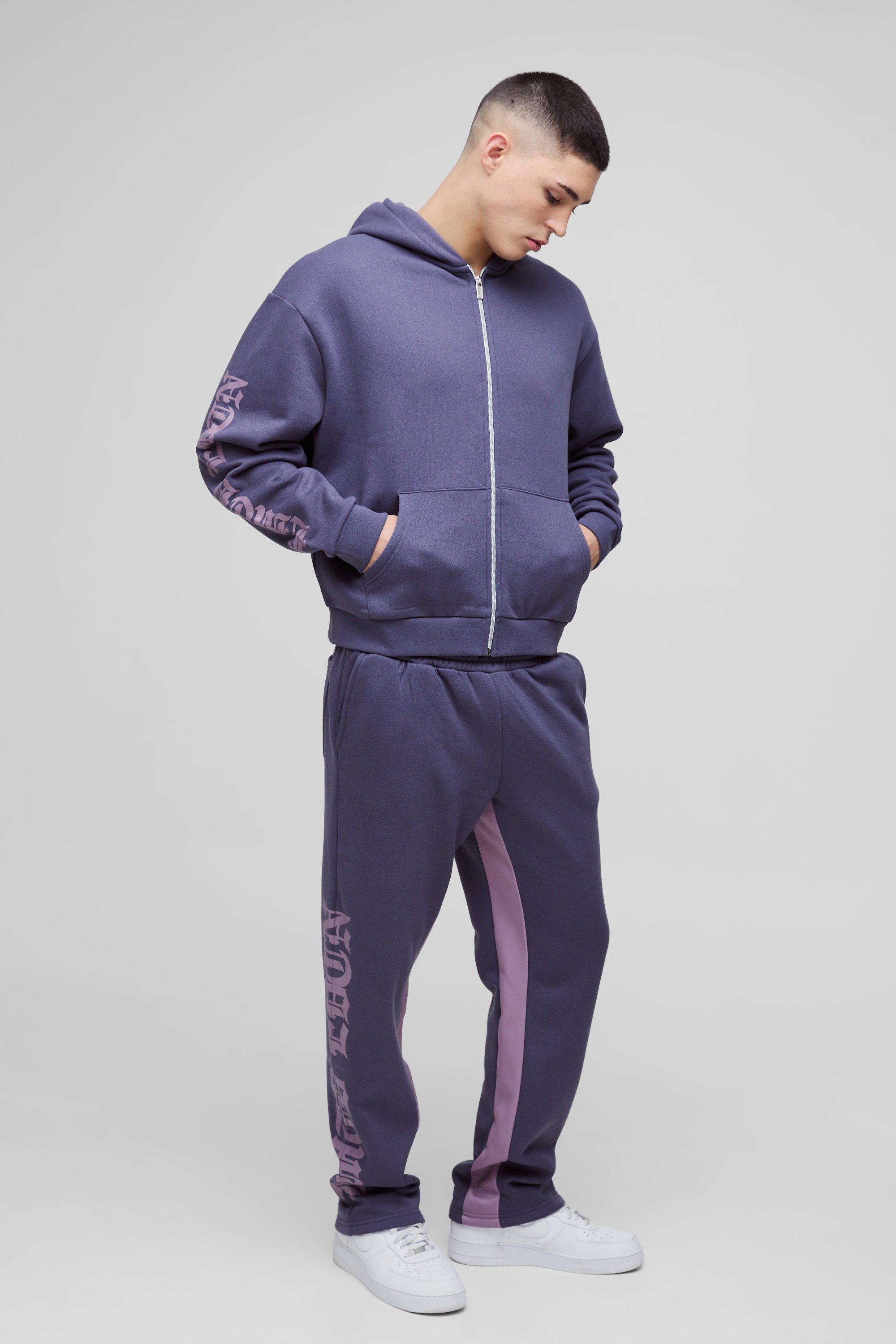 Mens Purple Oversized Boxy Printed Gusset Tracksuit, Purple