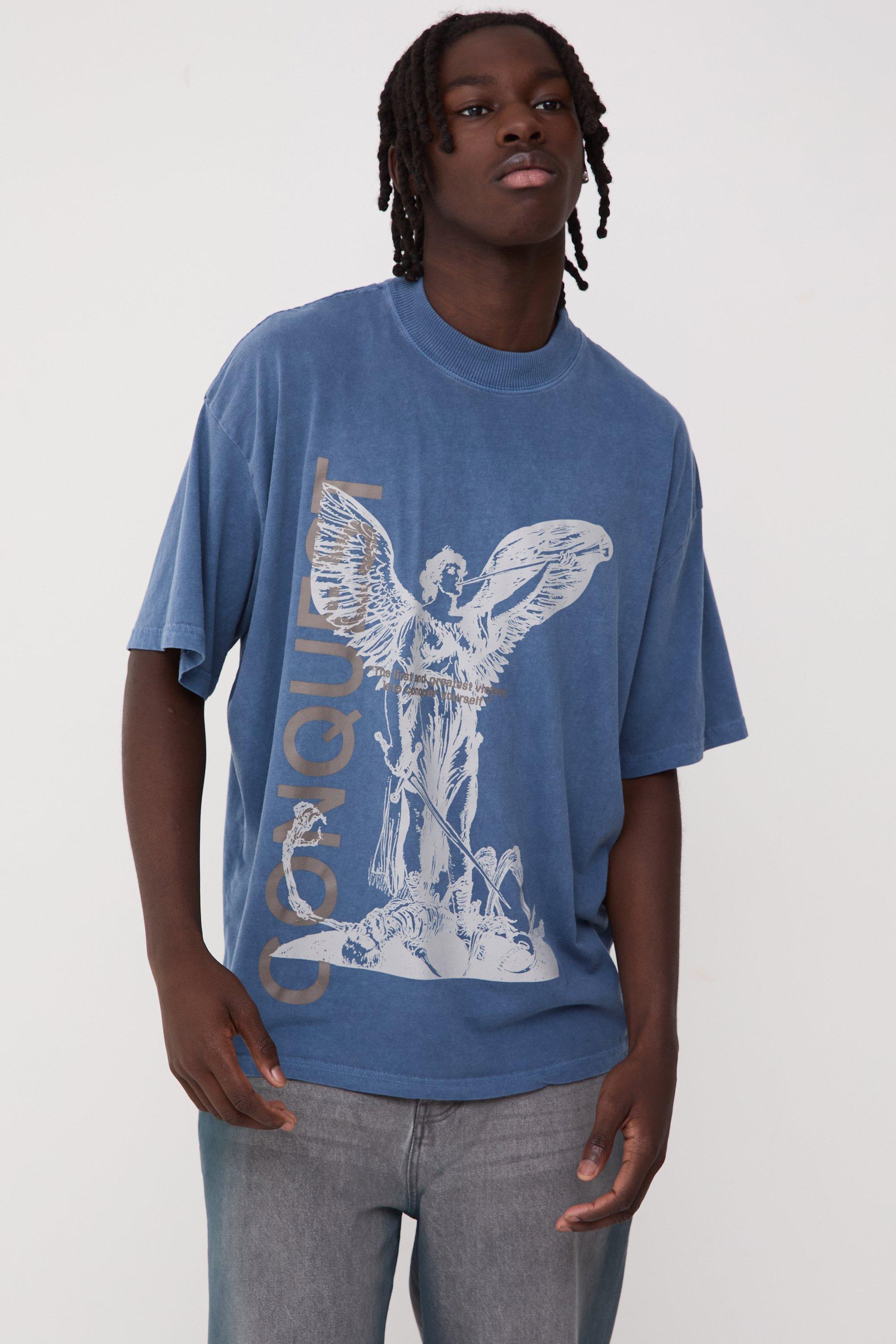 T-shirt oversize pesante Conquest con stampa rinascimentale, Azzurro