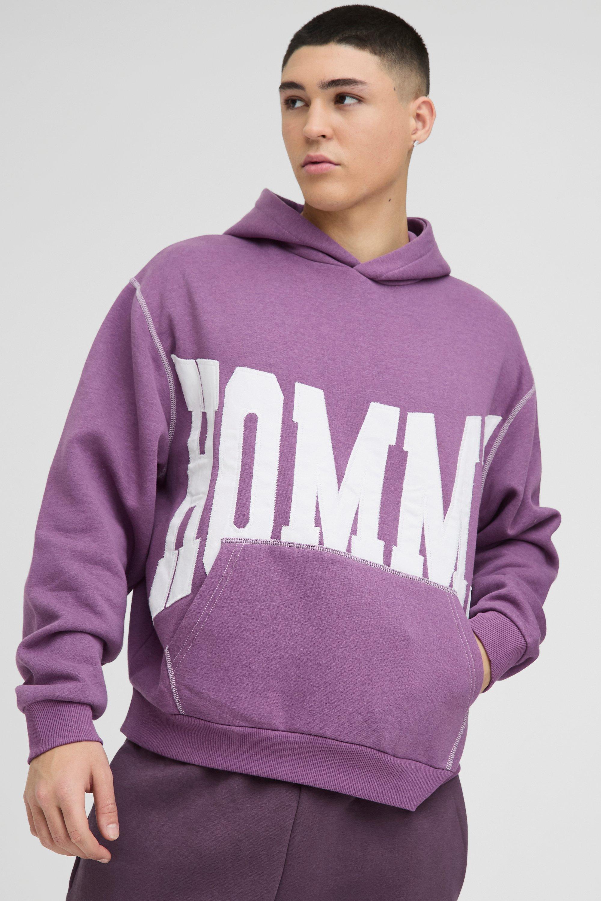 Felpa squadrata oversize in twill con applique, cuciture a contrasto e cappuccio, Purple