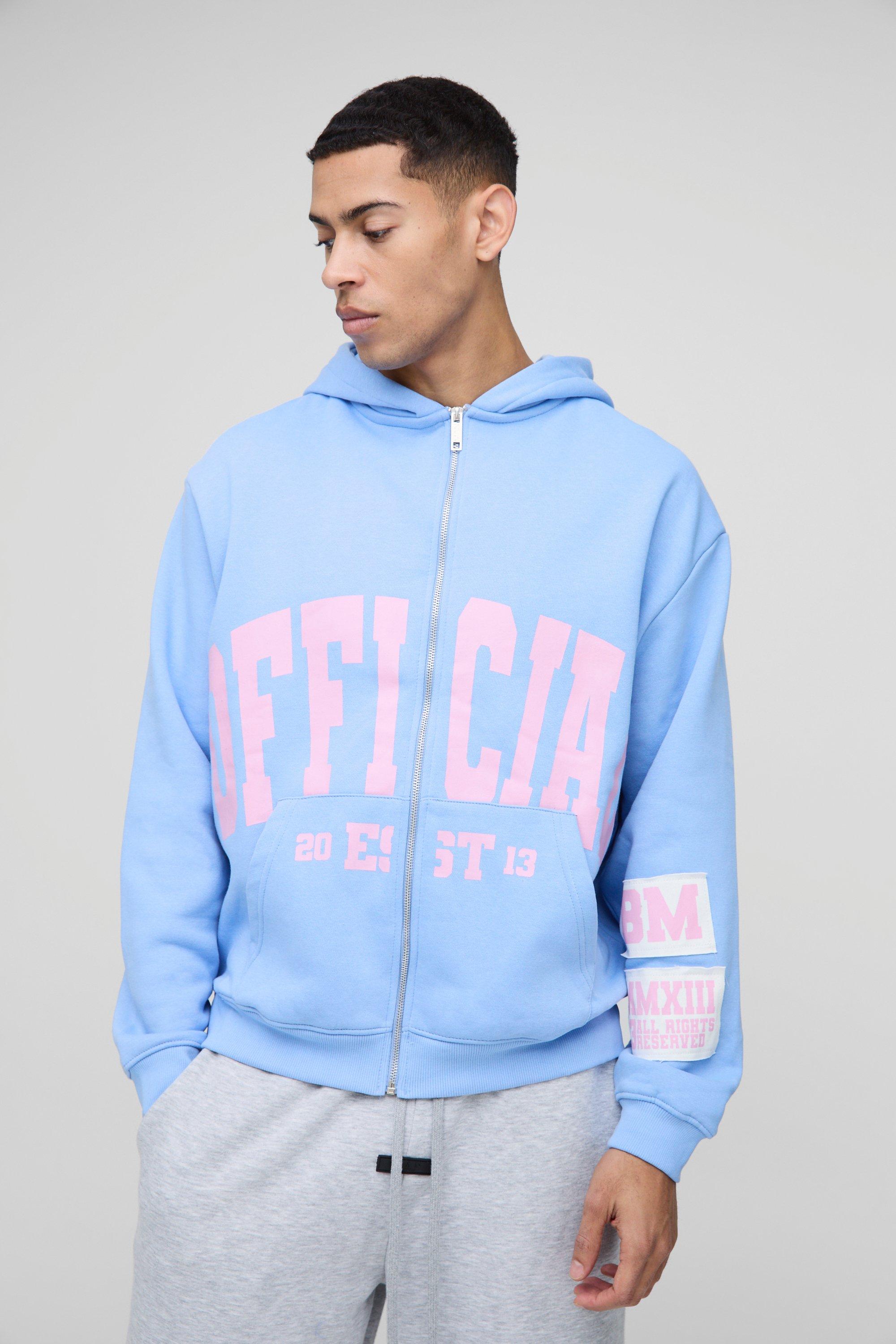 Felpa oversize Official con stemma, bordo grezzo, zip e cappuccio, Azzurro