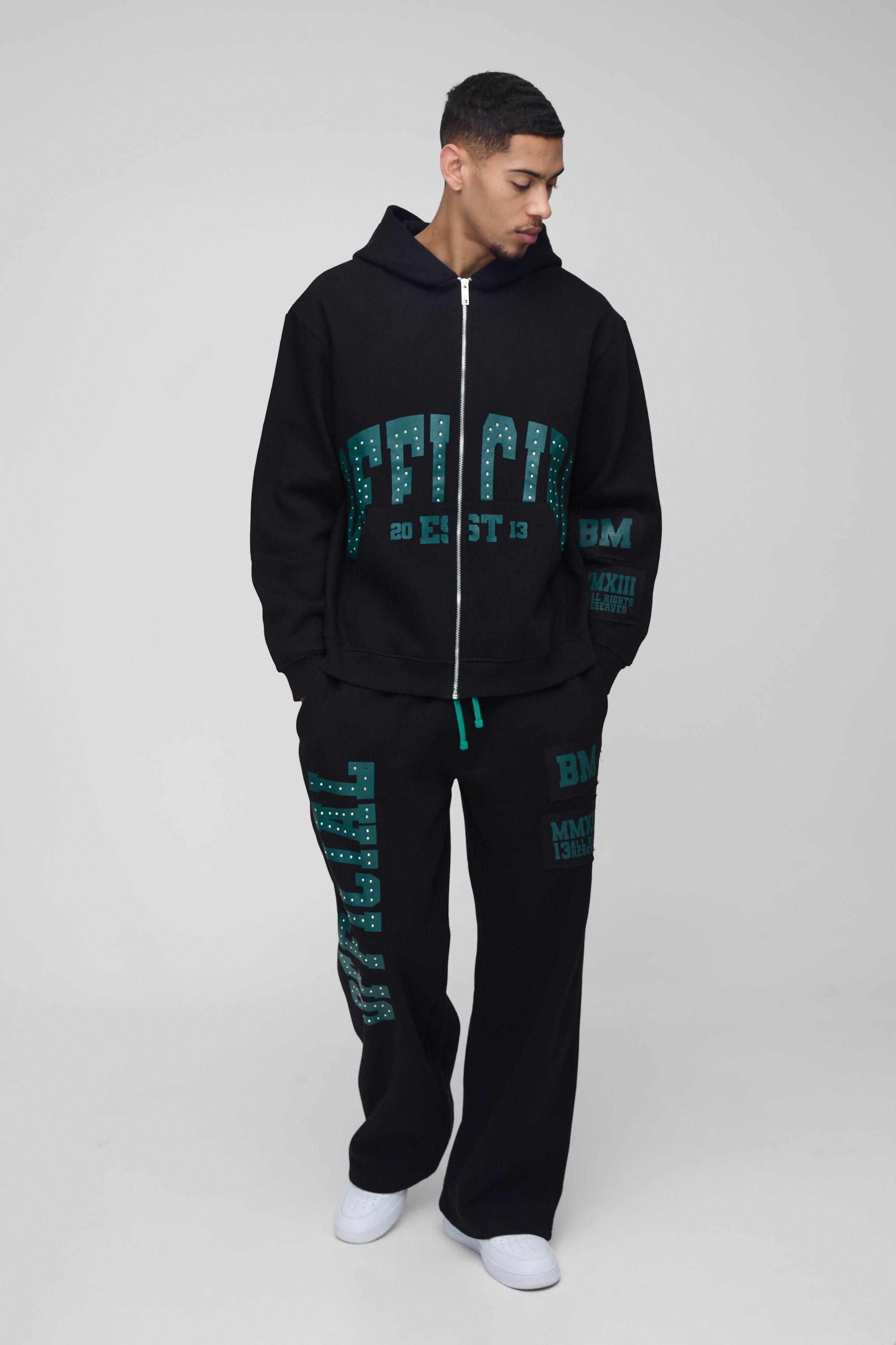 Mens Black Oversized Official Raw Edge Applique Tracksuit, Black