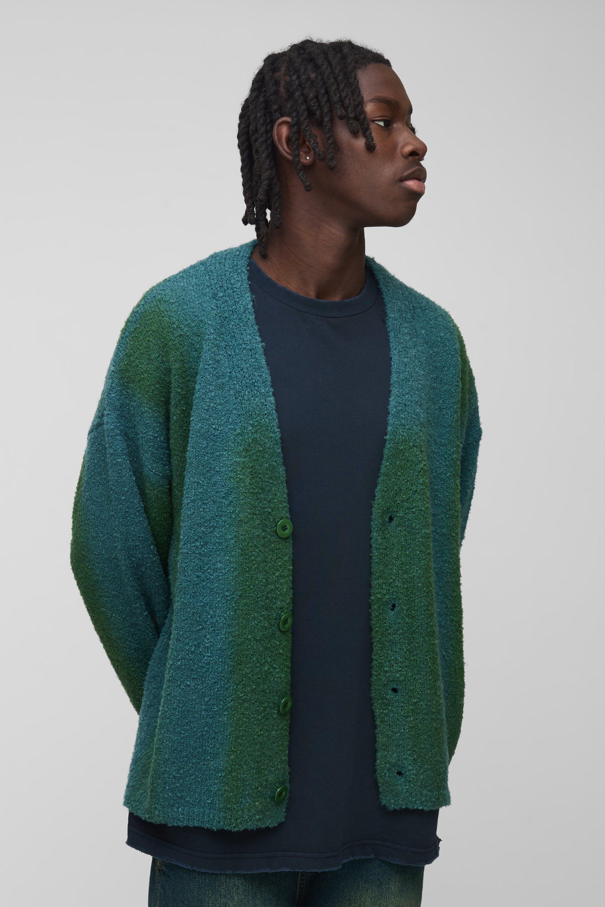 Cardigan rilassato in maglia in bouclé a righe, Verde