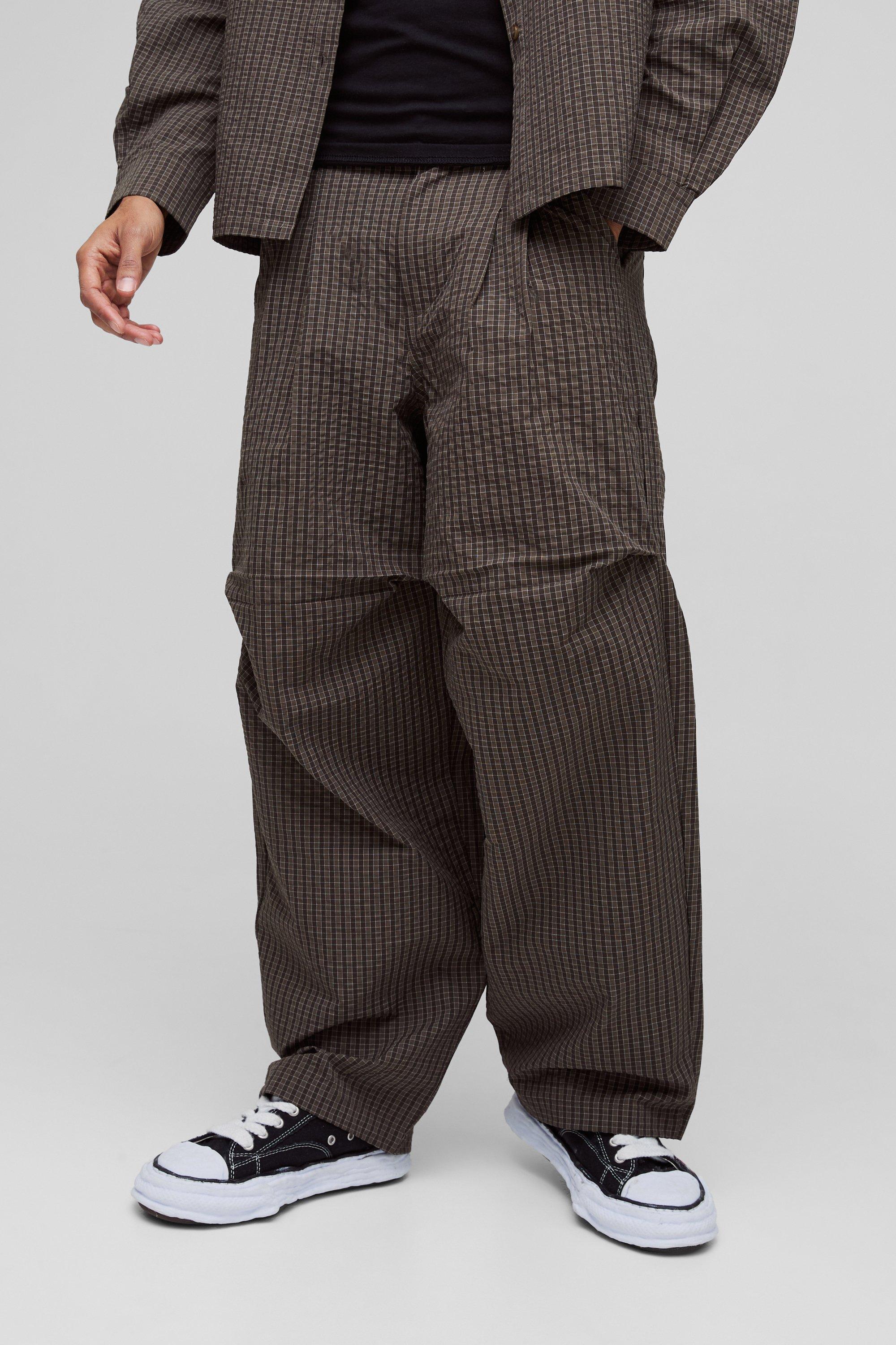 Mens Grey Baggy Fit Ripstop Check Gathered Knee Trouser, Grey