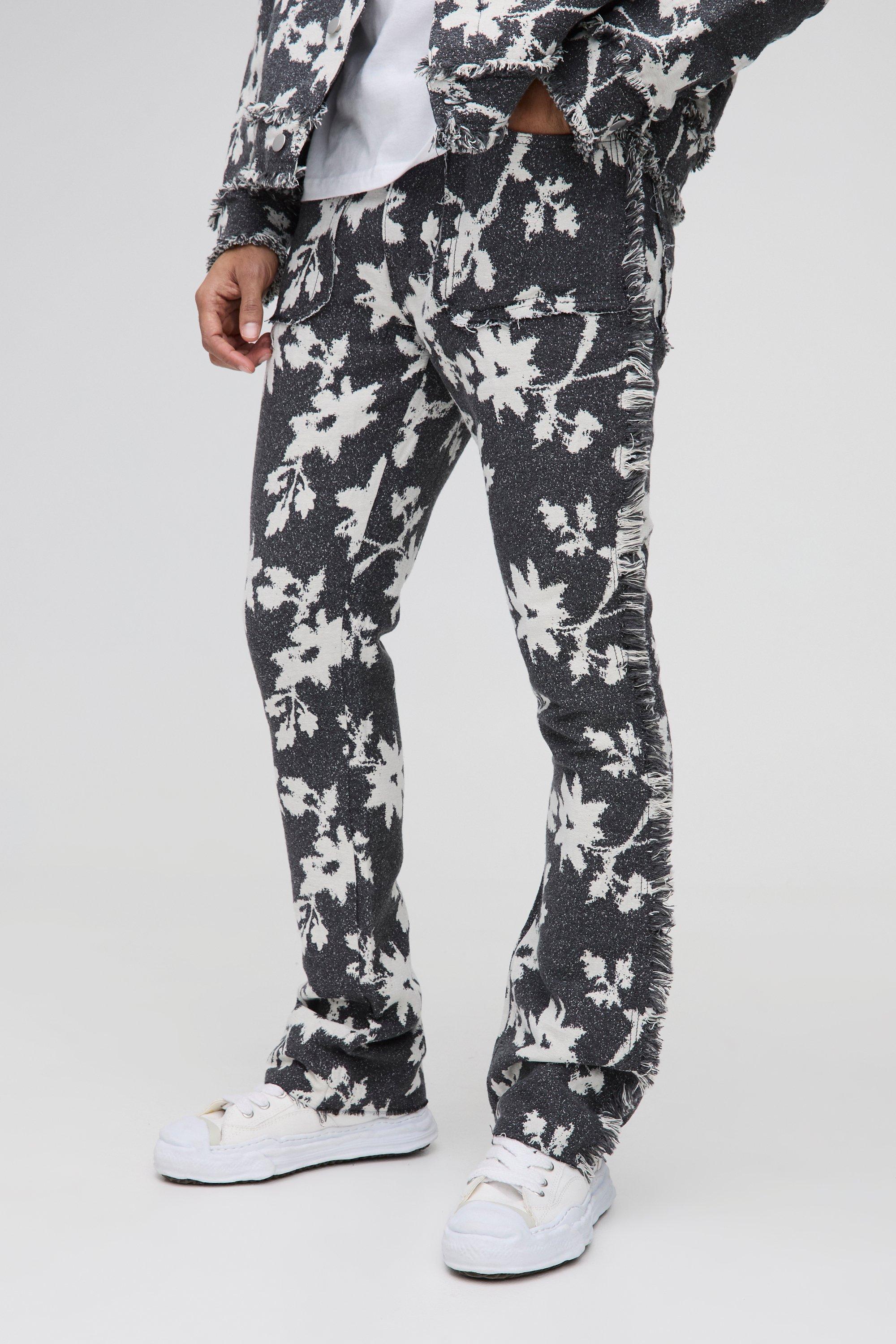 Mens Grey Stacked Flare Tapestry Trouser, Grey