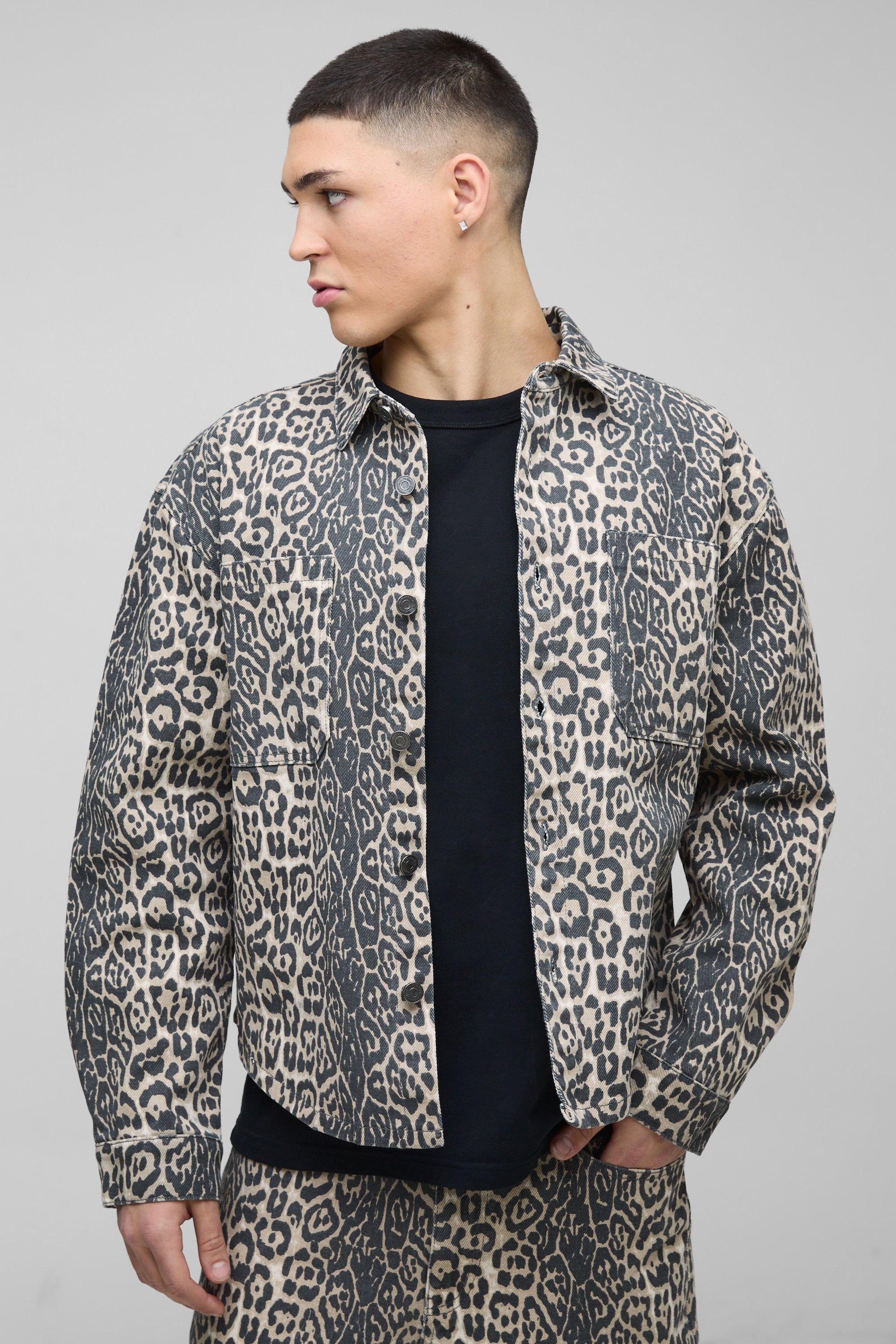 Sovracamicia oversize in twill slavato leopardato, Brown