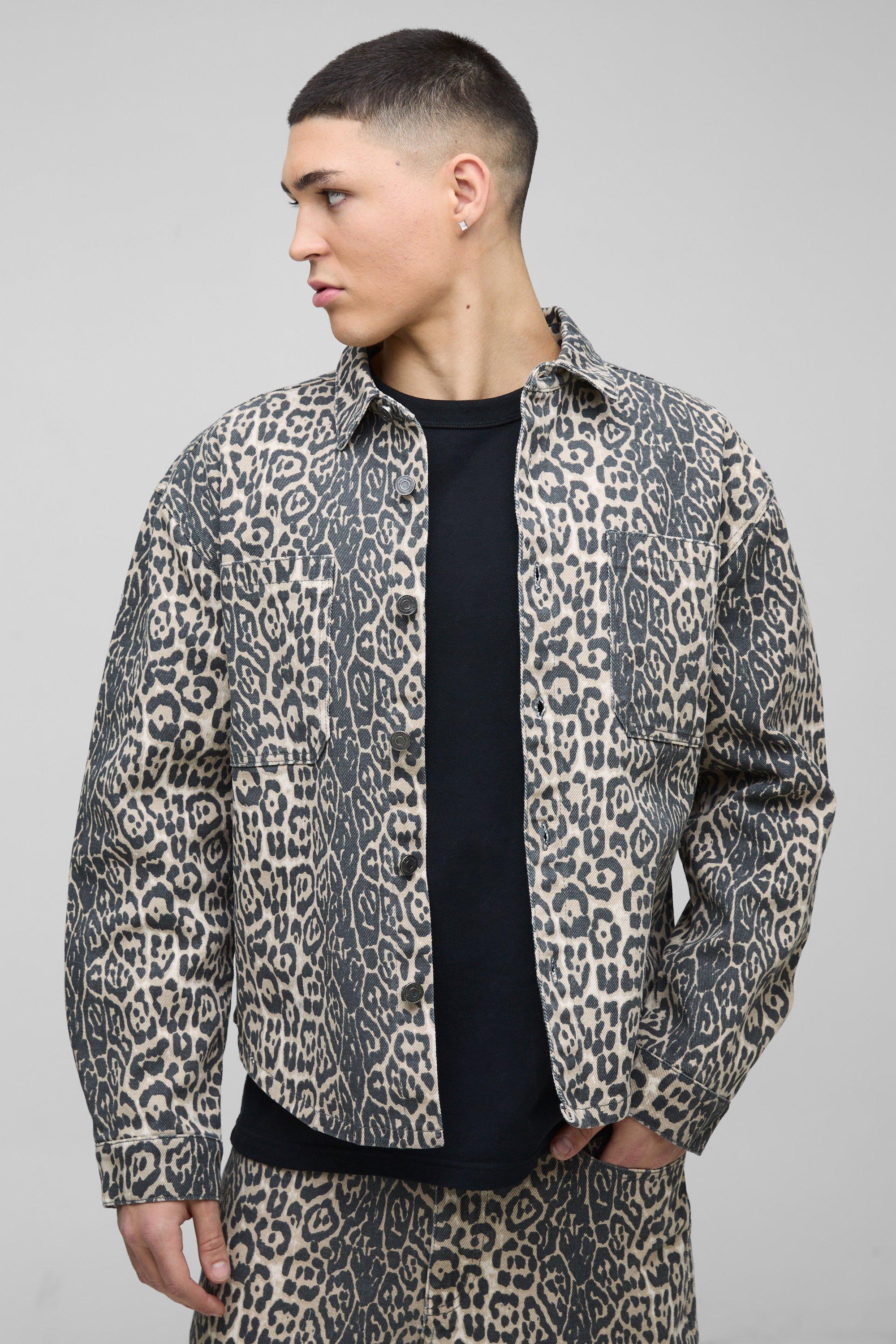 Mens Brown Oversized Washed Twill Leopard Overshirt, Brown
