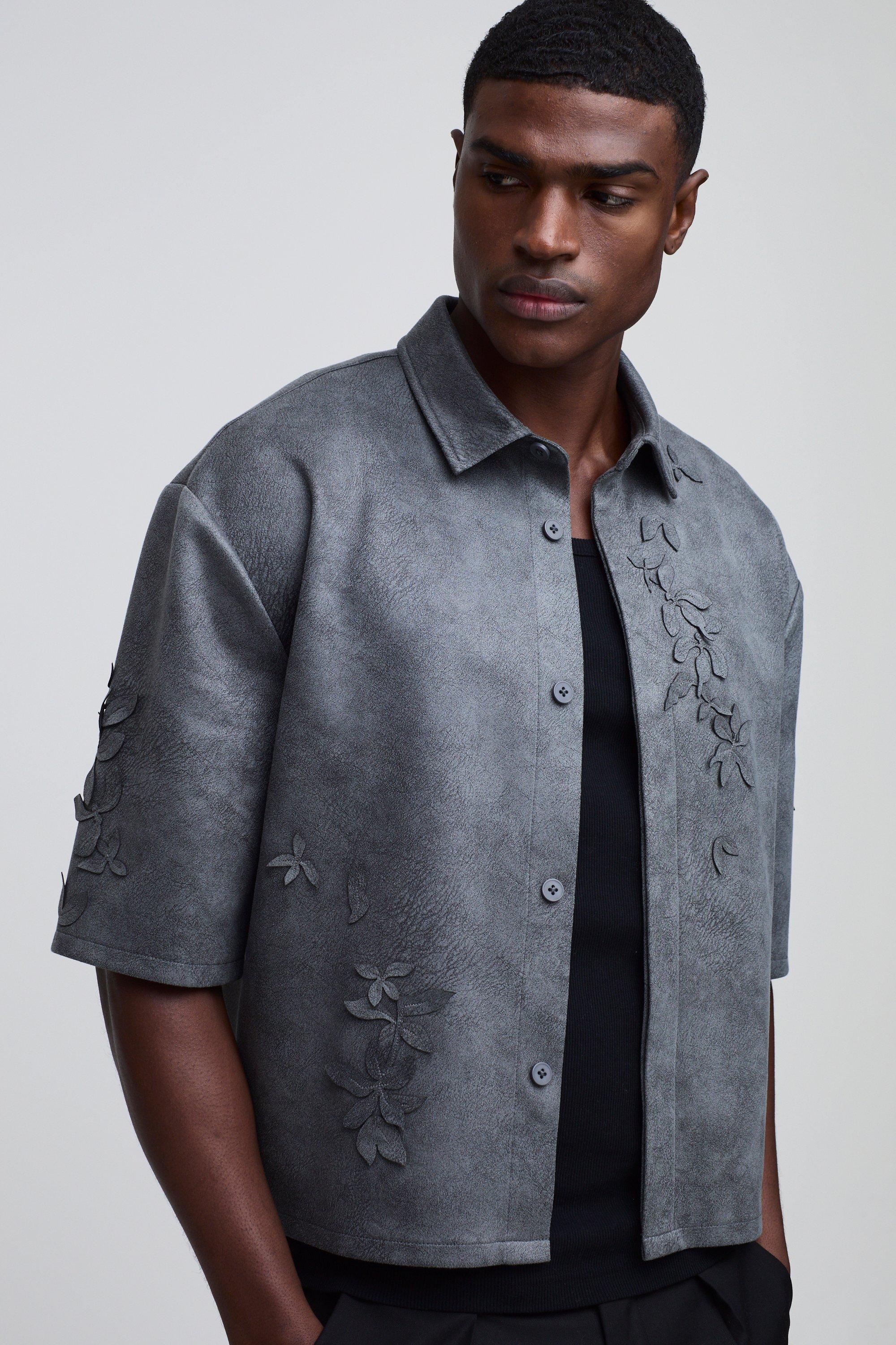 Mens Grey Oversized Boxy Faux Suede 3D Floral Shirt, Grey