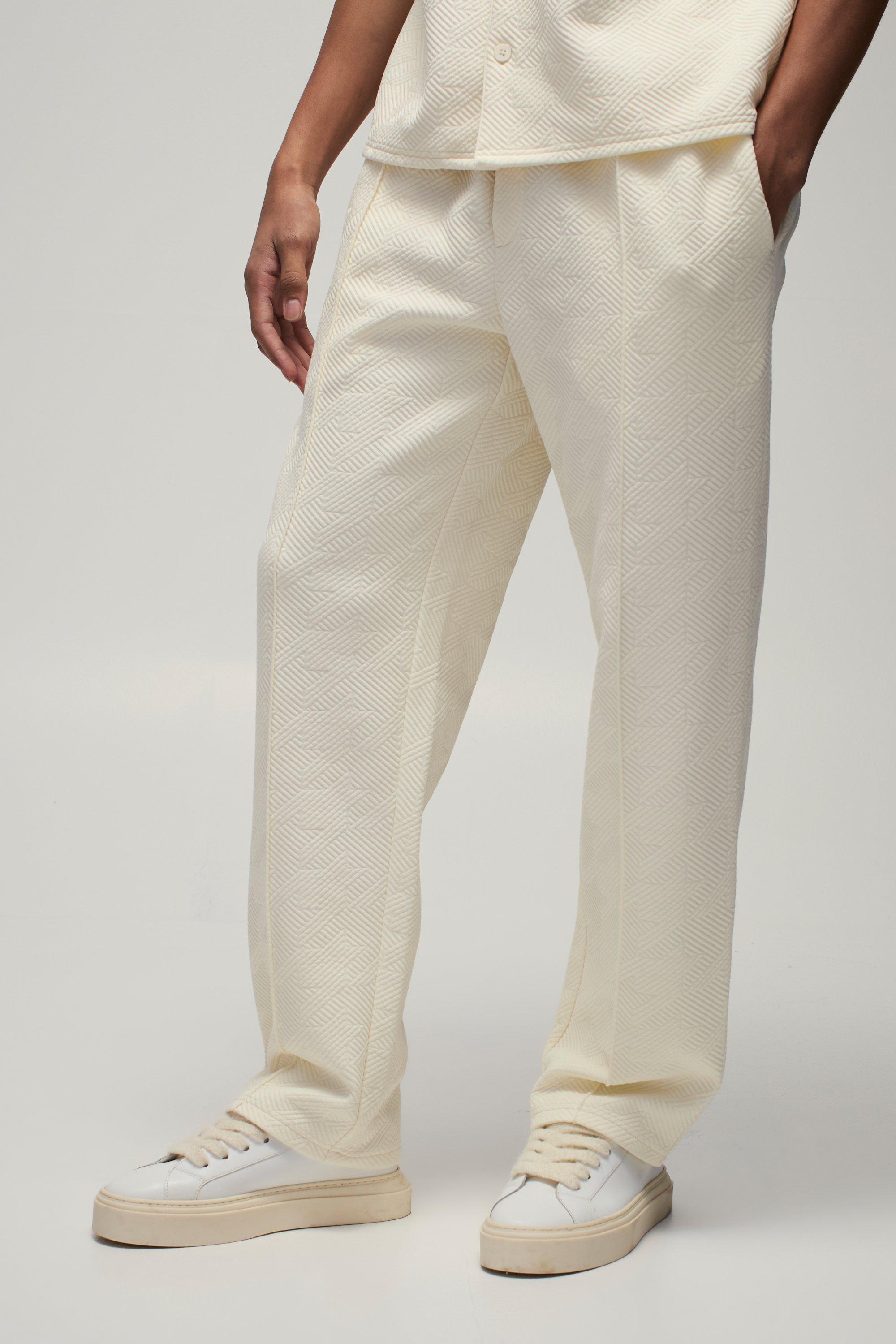 Mens Cream Straight Leg Embossed Houndstooth Trouser, Cream