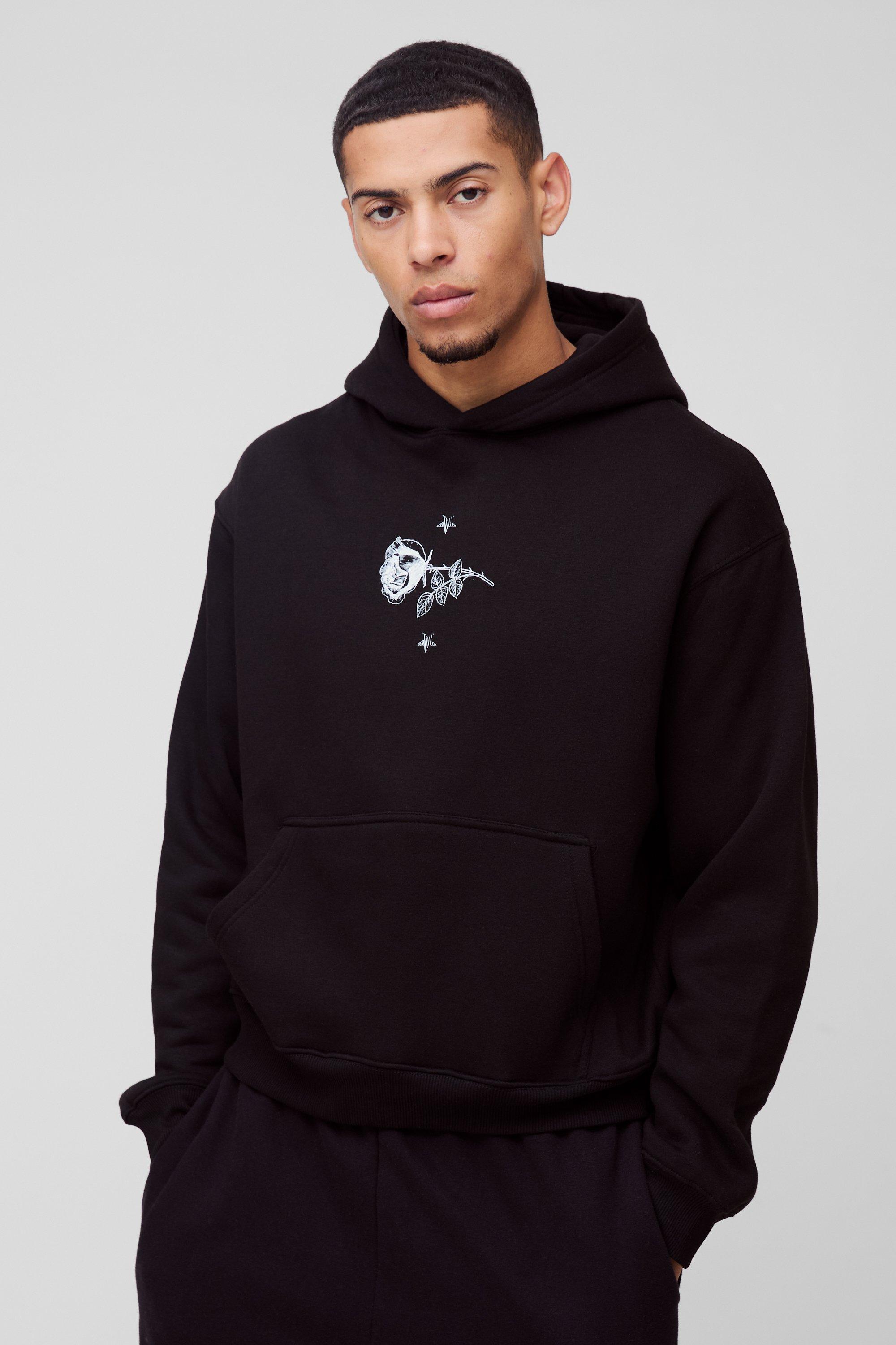 Mens Black Regular Fit Floral Graphic Hoodie, Black