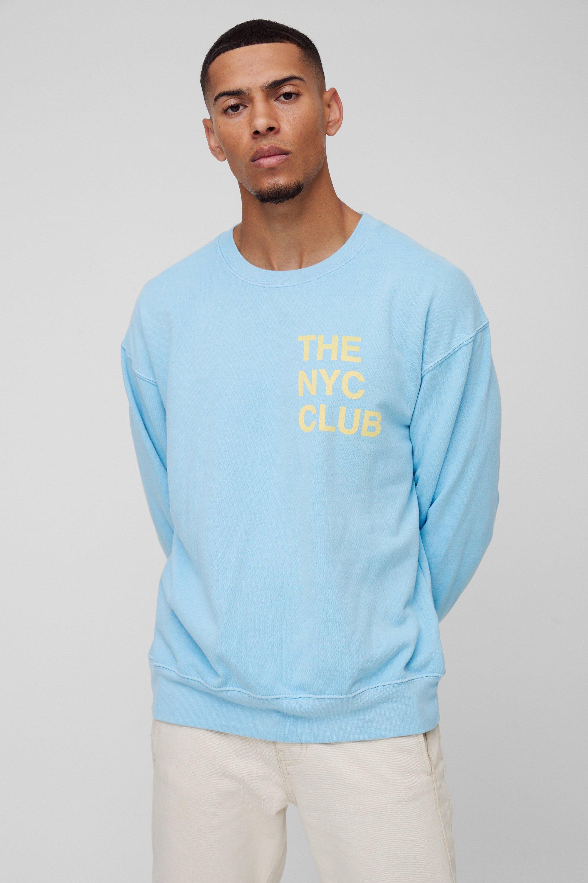 Felpa oversize slavata con grafica NYC Club, Azzurro